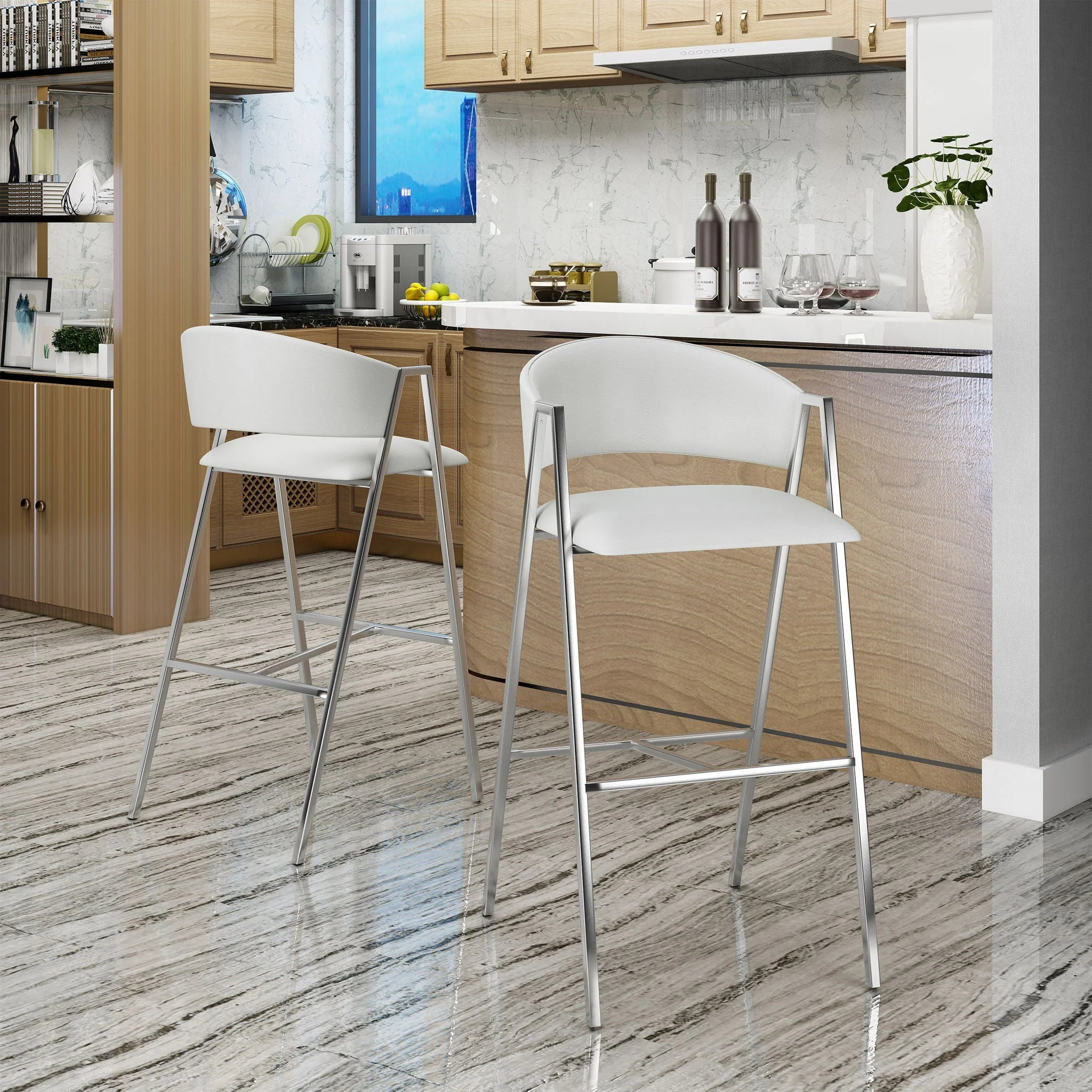 Modern Bar Stools With Low Back And Arms And Durable Metal Frame (Set of 2) - Ivory - Image 3