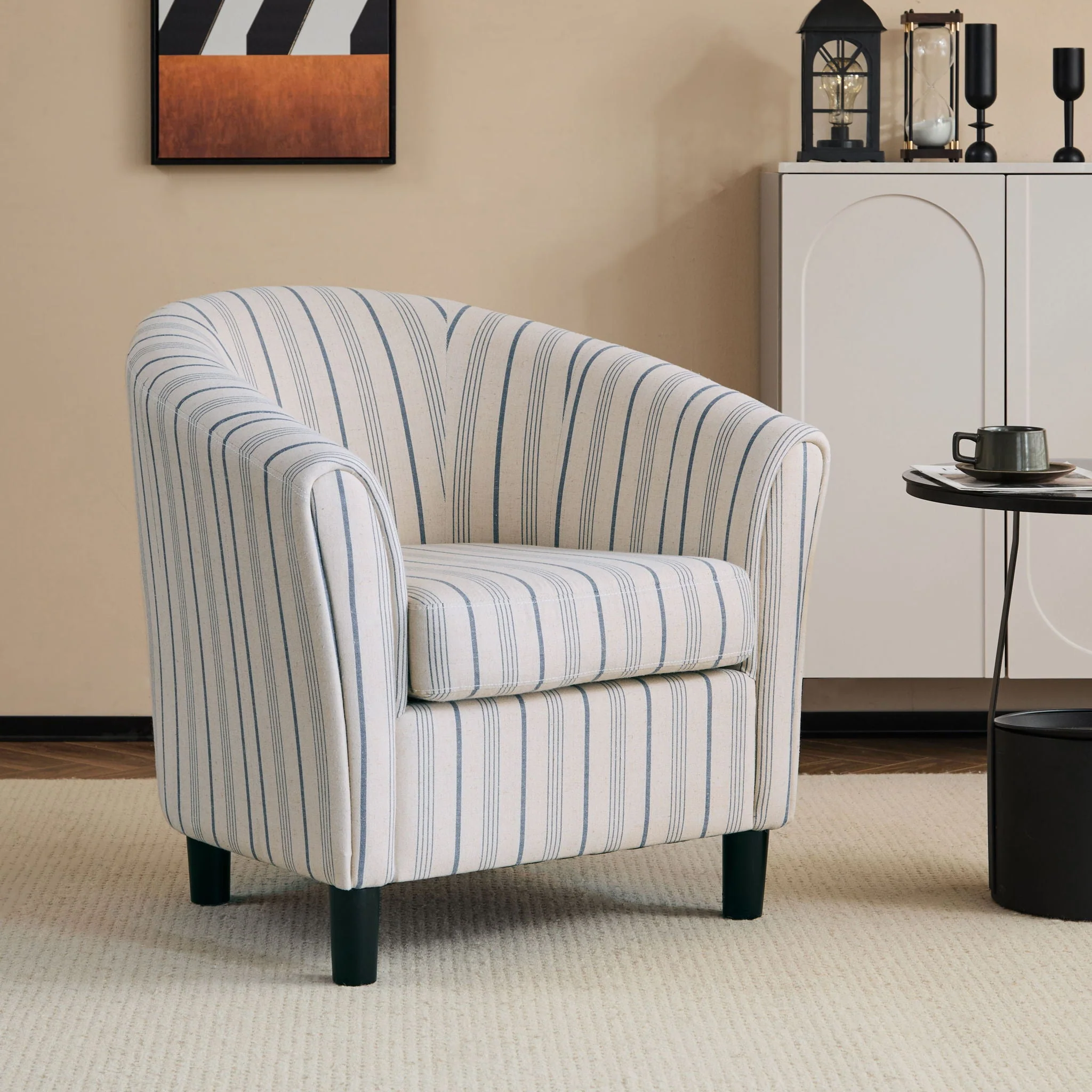 Modern Barrel Fabric Striped Barrel Chair With Channel Stitching - Beige / Blue Stripe - Image 2