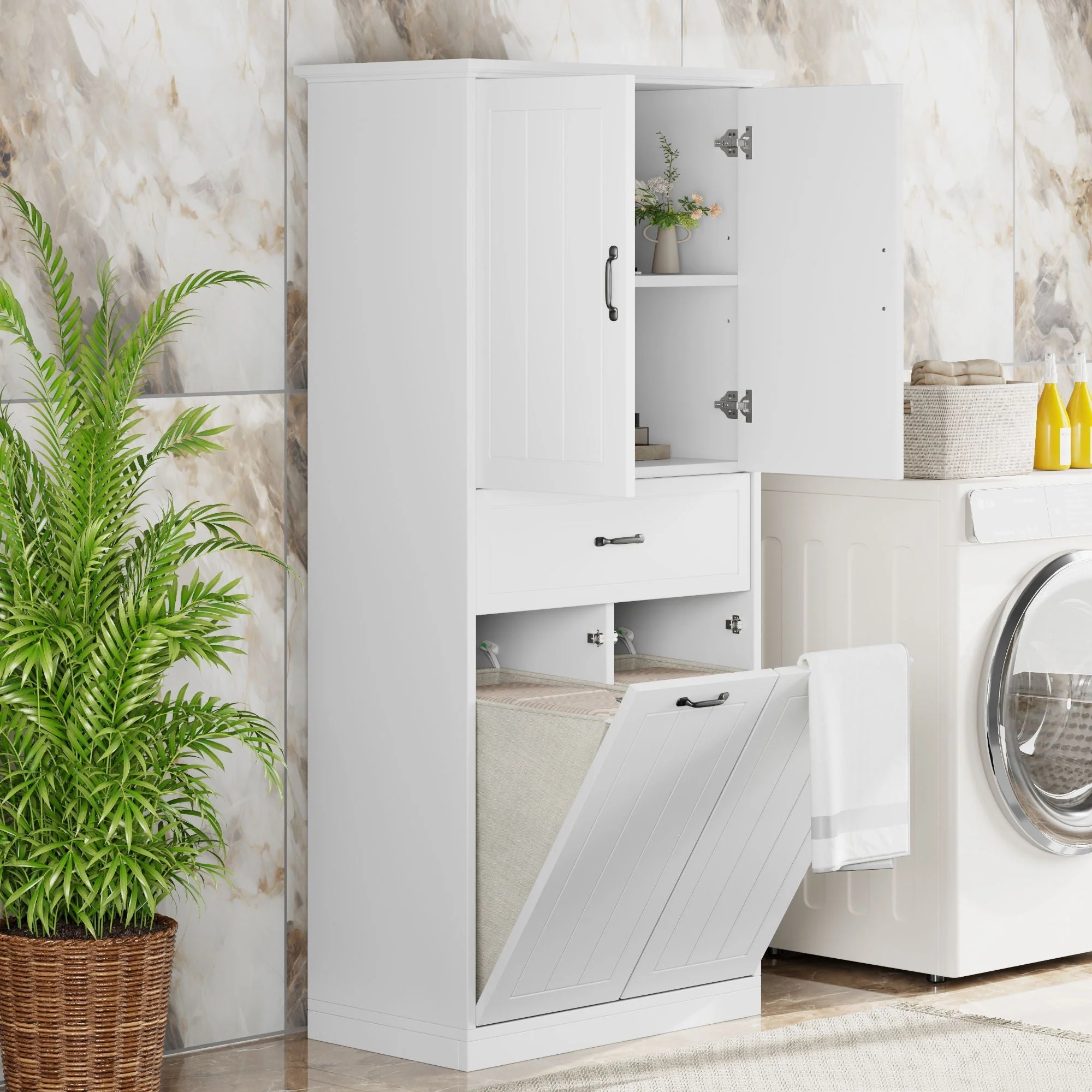 Modern Bathroom Storage Cabinet With Two Laundry Baskets, One Drawer, Adjustable Shelf - Image 10