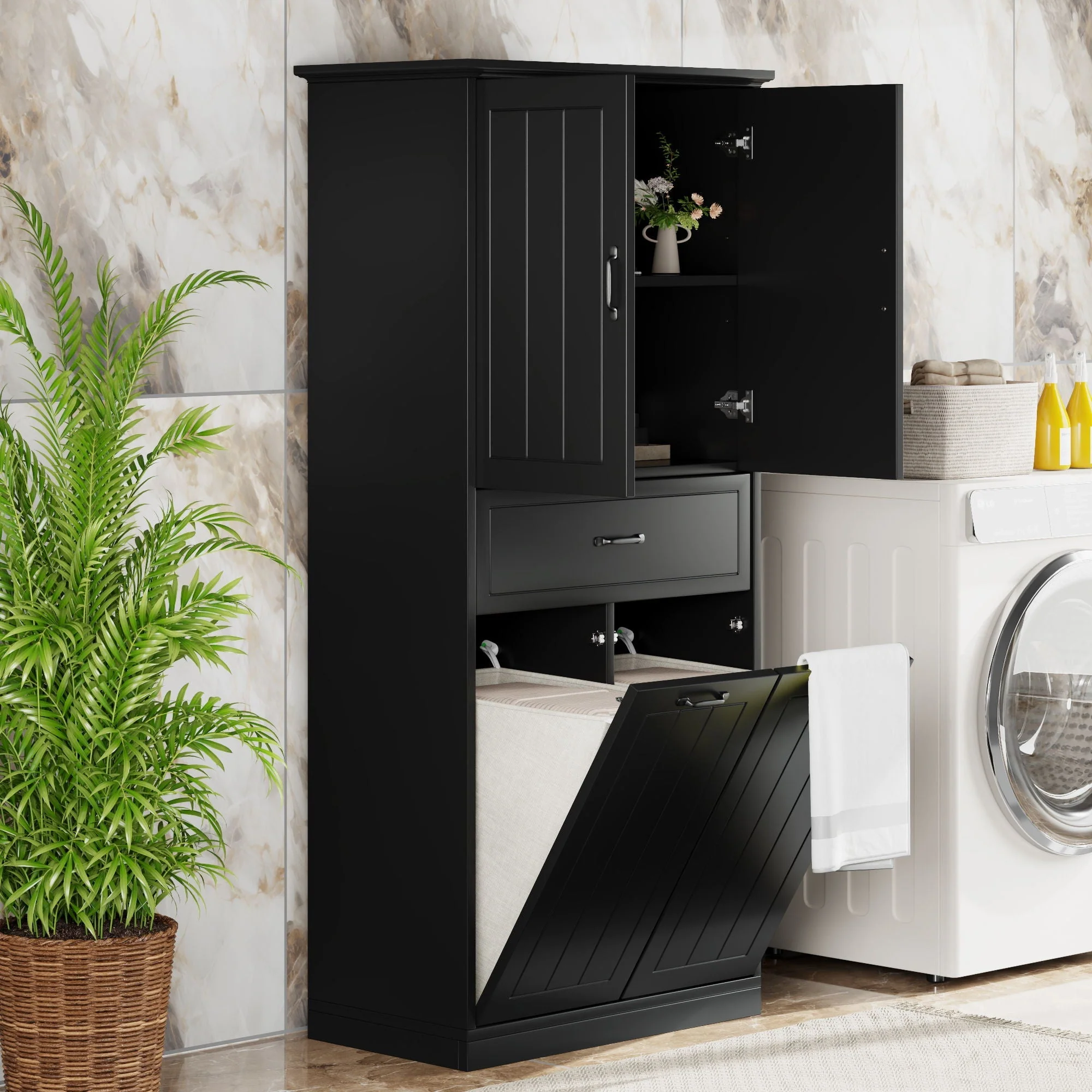 Modern Bathroom Storage Cabinet With Two Laundry Baskets, One Drawer, Adjustable Shelf - Image 12
