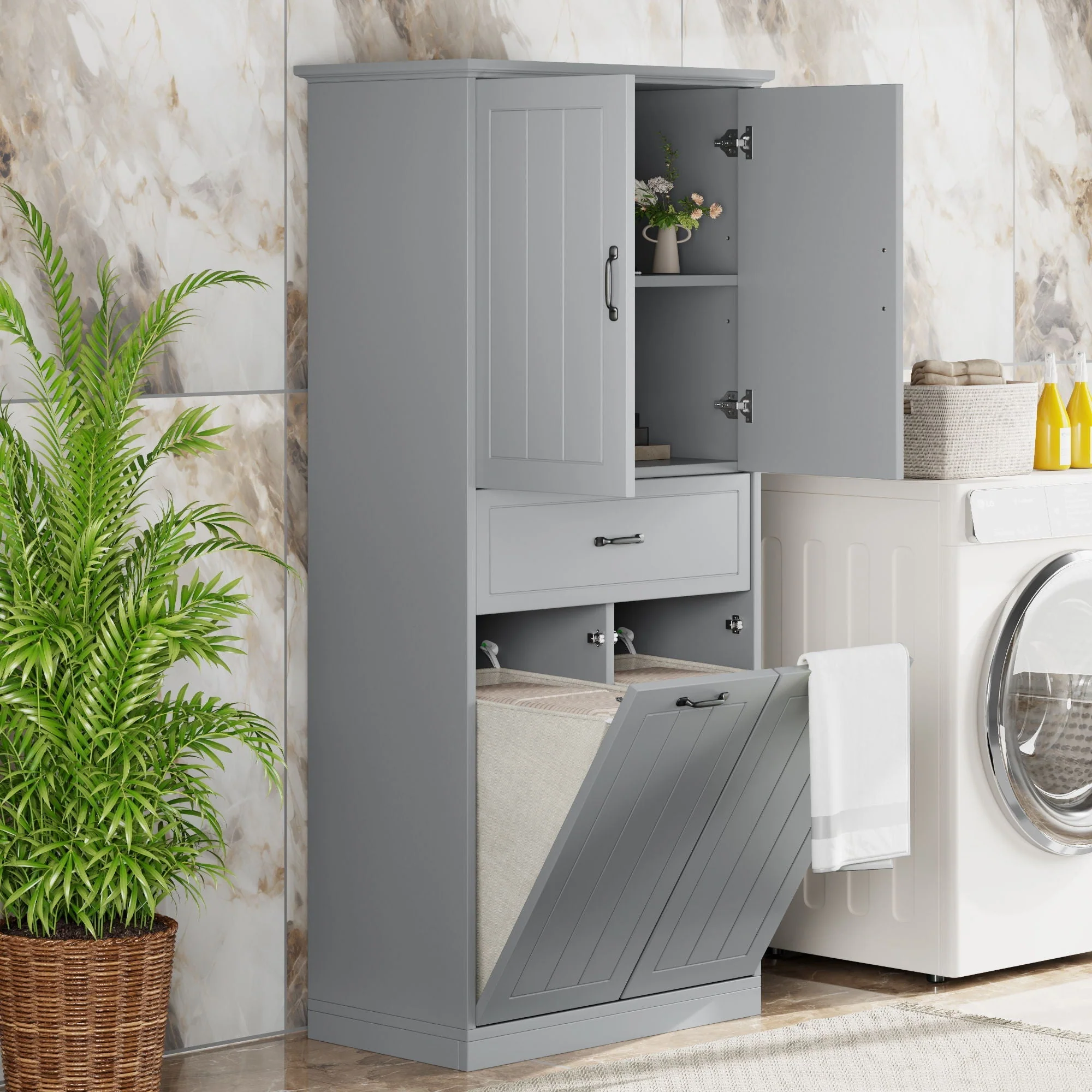 Modern Bathroom Storage Cabinet With Two Laundry Baskets, One Drawer, Adjustable Shelf - Image 4