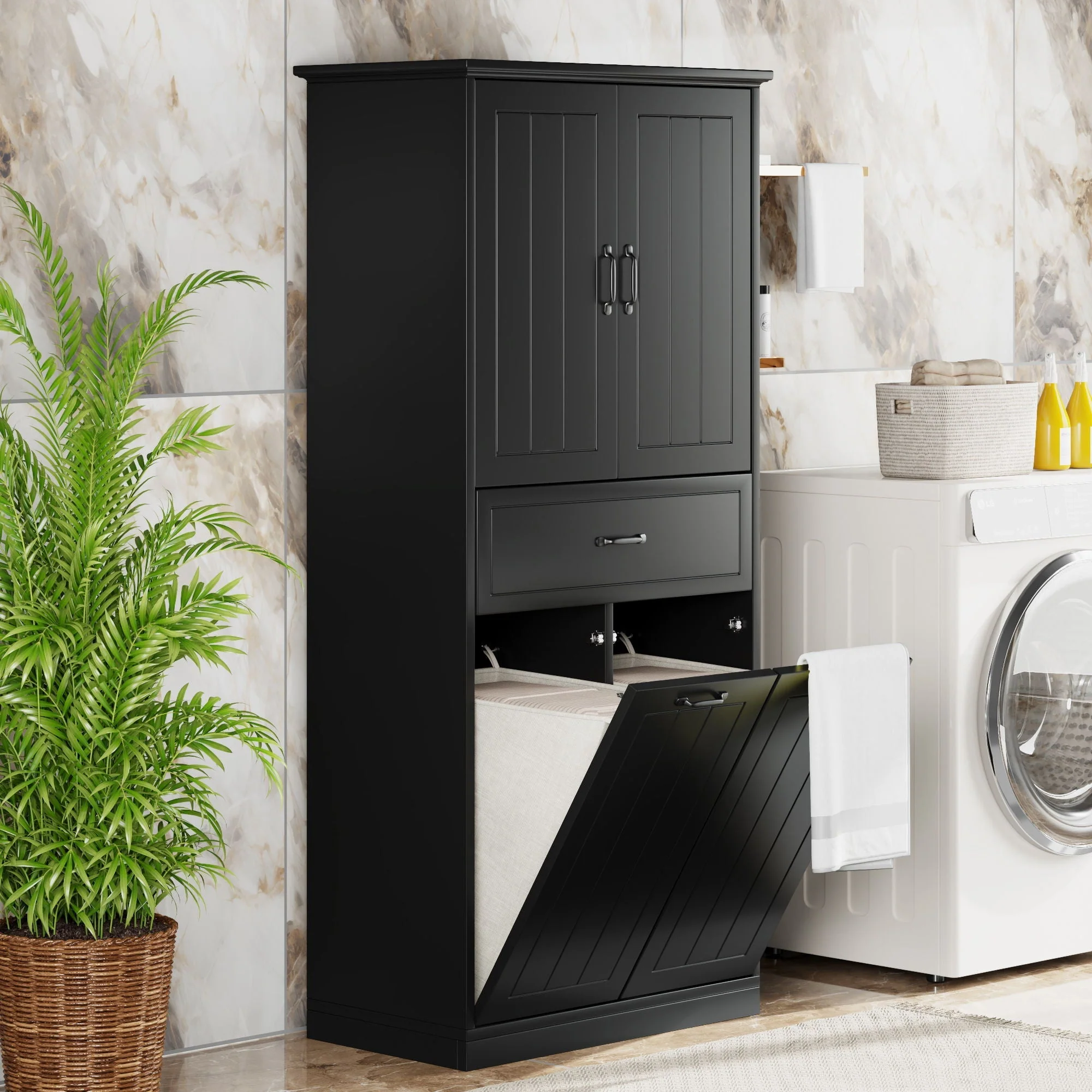 Modern Bathroom Storage Cabinet With Two Laundry Baskets, One Drawer, Adjustable Shelf - Image 5