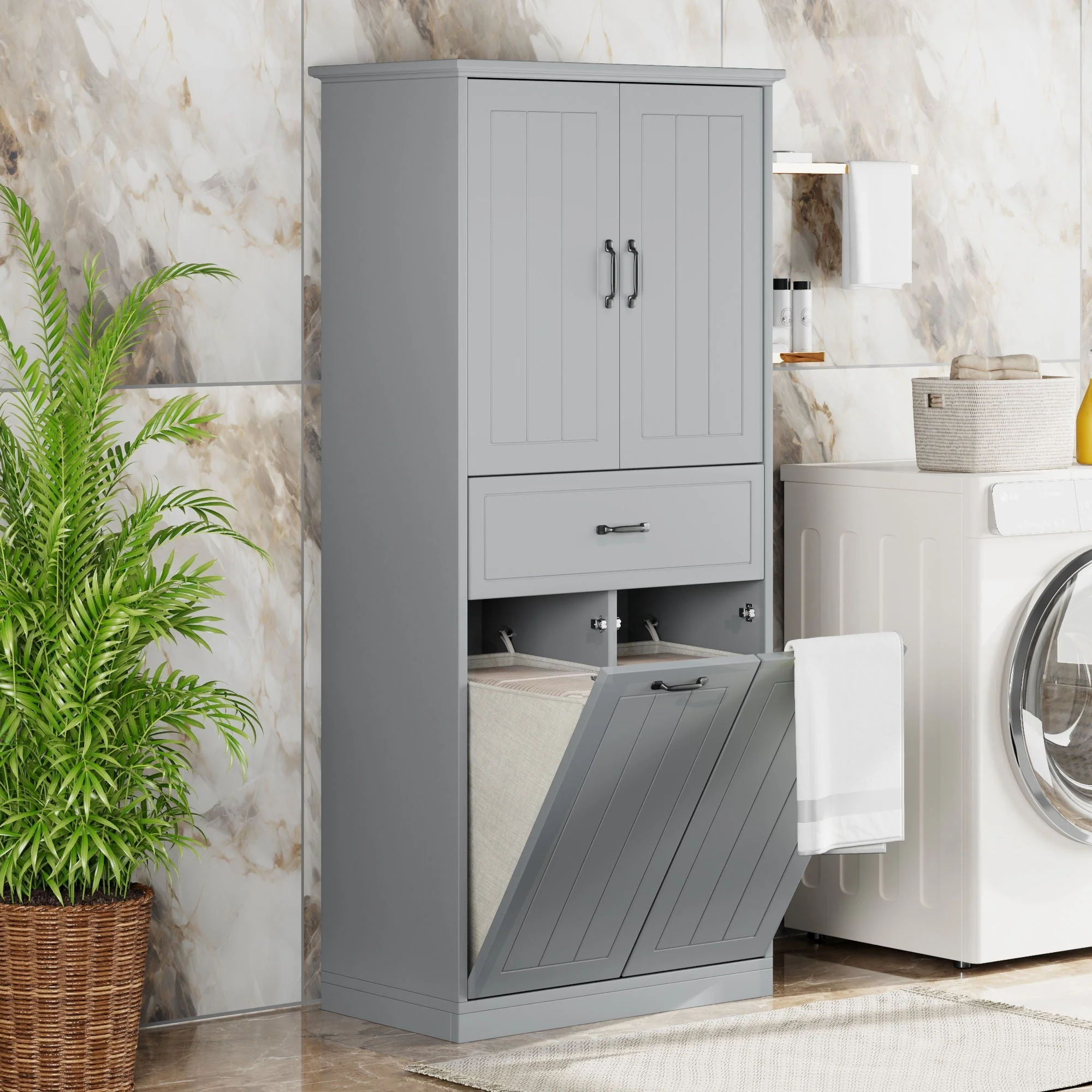 Modern Bathroom Storage Cabinet With Two Laundry Baskets, One Drawer, Adjustable Shelf - Image 6