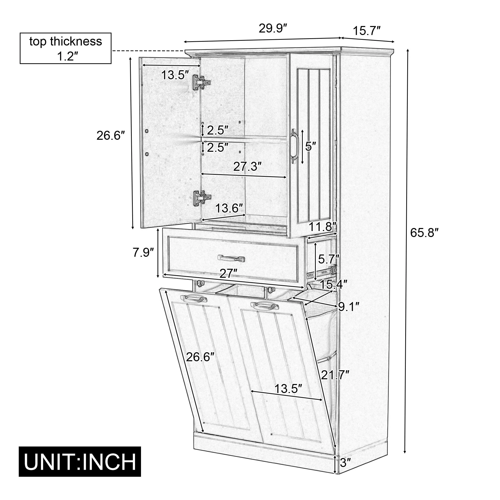 Modern Bathroom Storage Cabinet With Two Laundry Baskets, One Drawer, Adjustable Shelf - Image 7