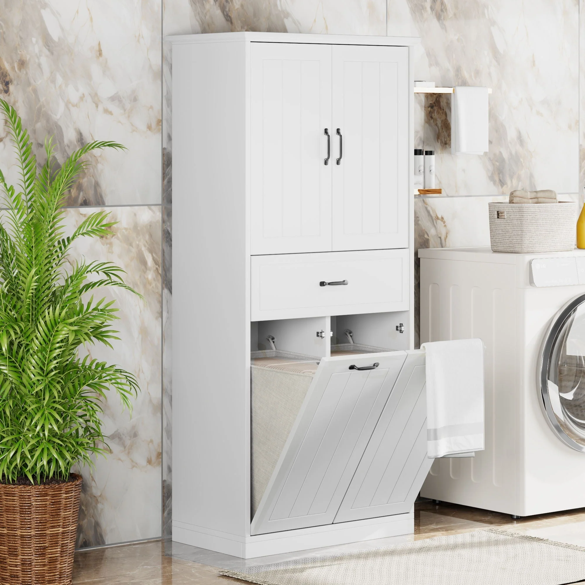 Modern Bathroom Storage Cabinet With Two Laundry Baskets, One Drawer, Adjustable Shelf - Image 9