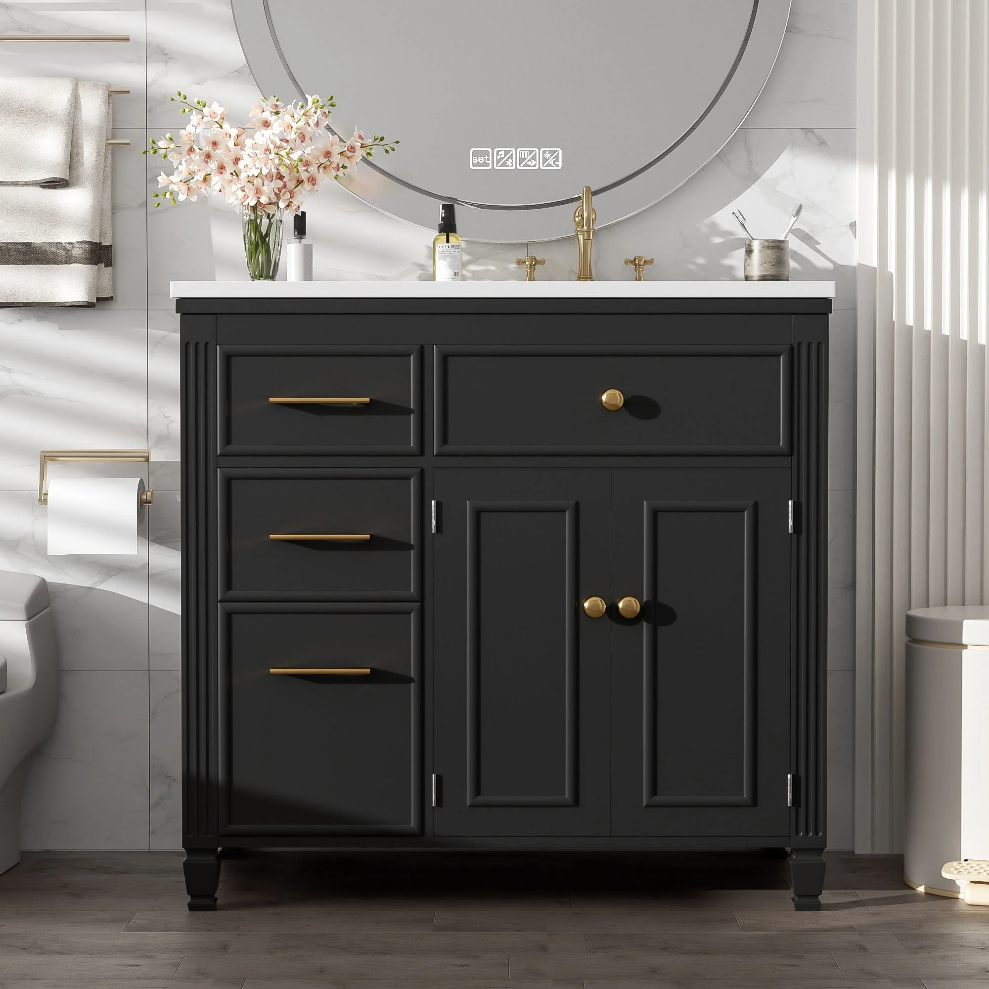 Modern Bathroom Vanity With Ceramic Sink, Freestanding, One Tip Out Drawer, 3 Side Drawers, Adjustable Shelf - Image 3