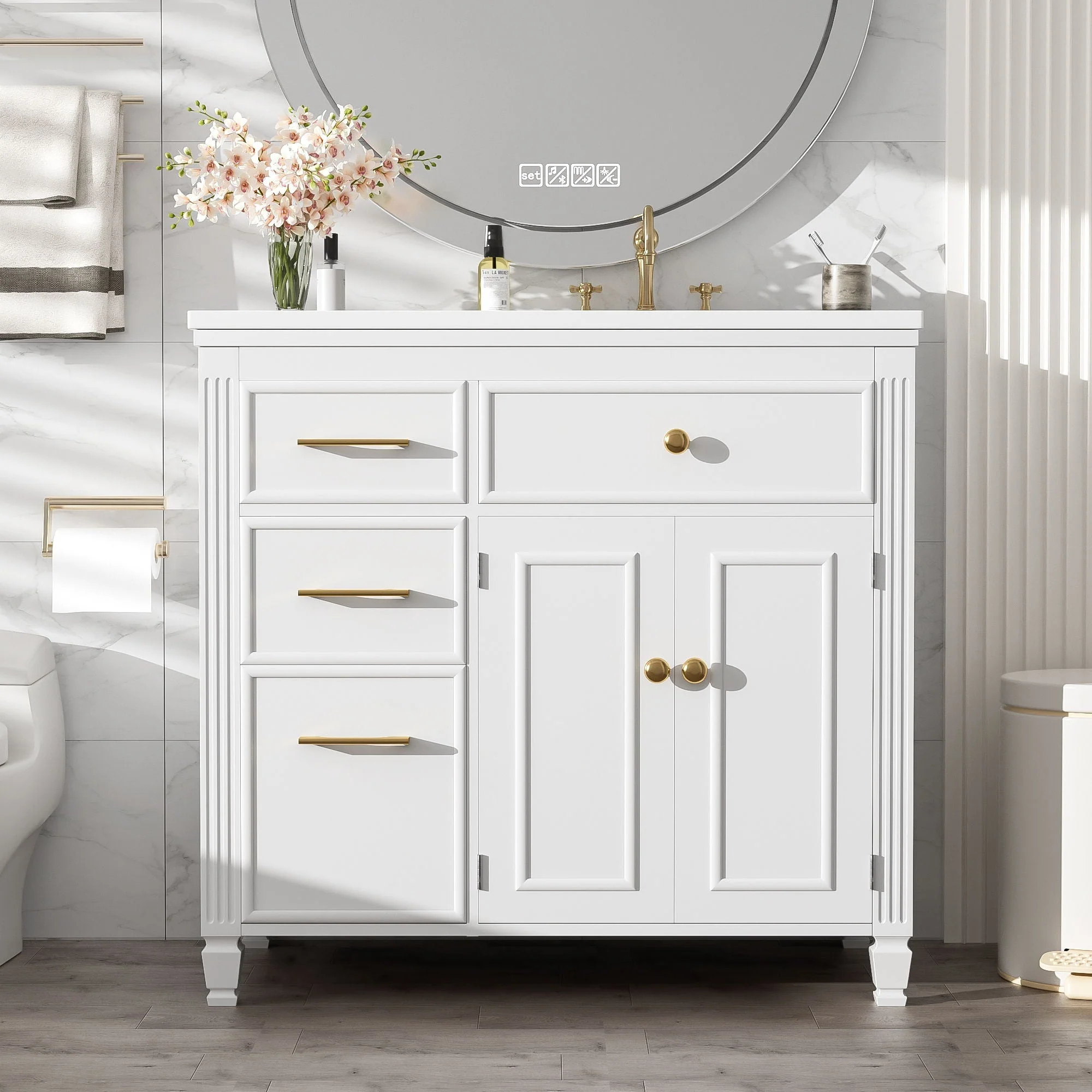 Modern Bathroom Vanity With Ceramic Sink, Freestanding, One Tip Out Drawer, 3 Side Drawers, Adjustable Shelf - Image 4
