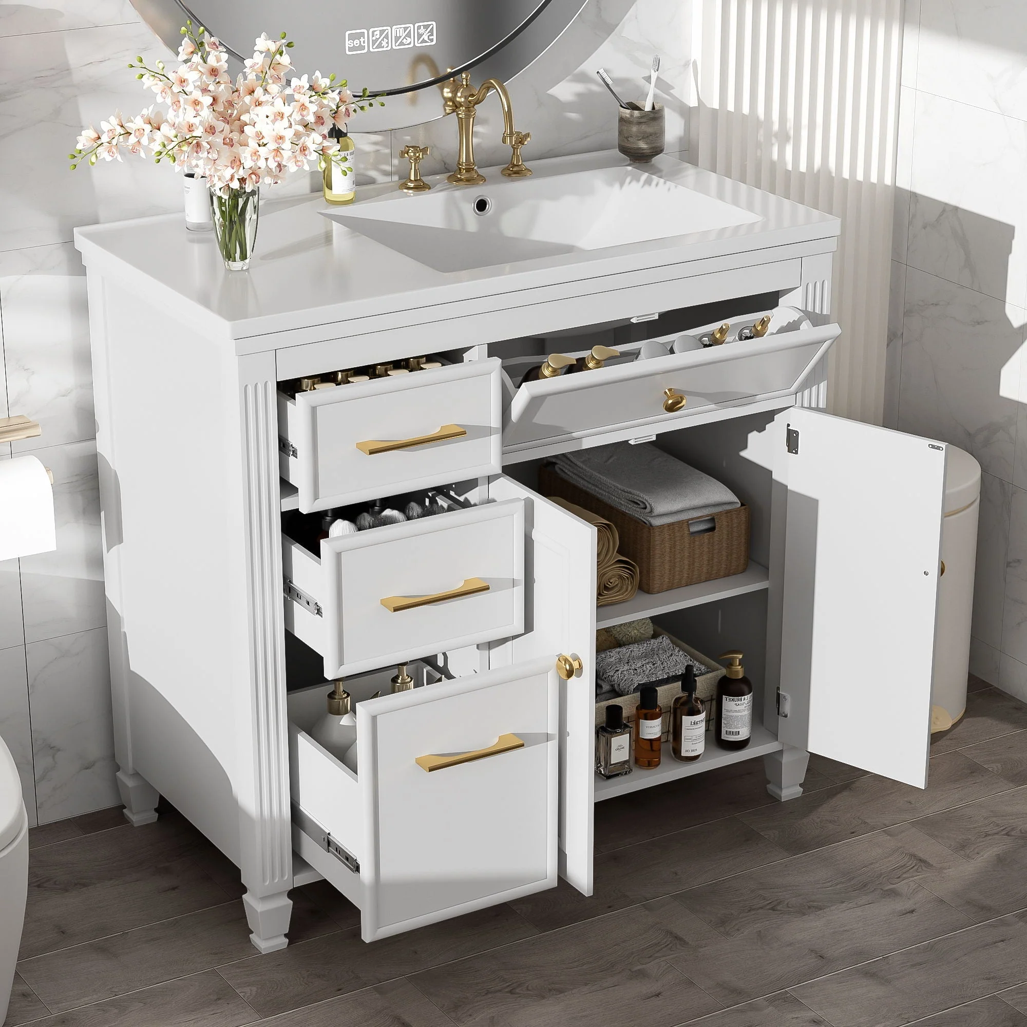 Modern Bathroom Vanity With Ceramic Sink, Freestanding, One Tip Out Drawer, 3 Side Drawers, Adjustable Shelf - Image 5
