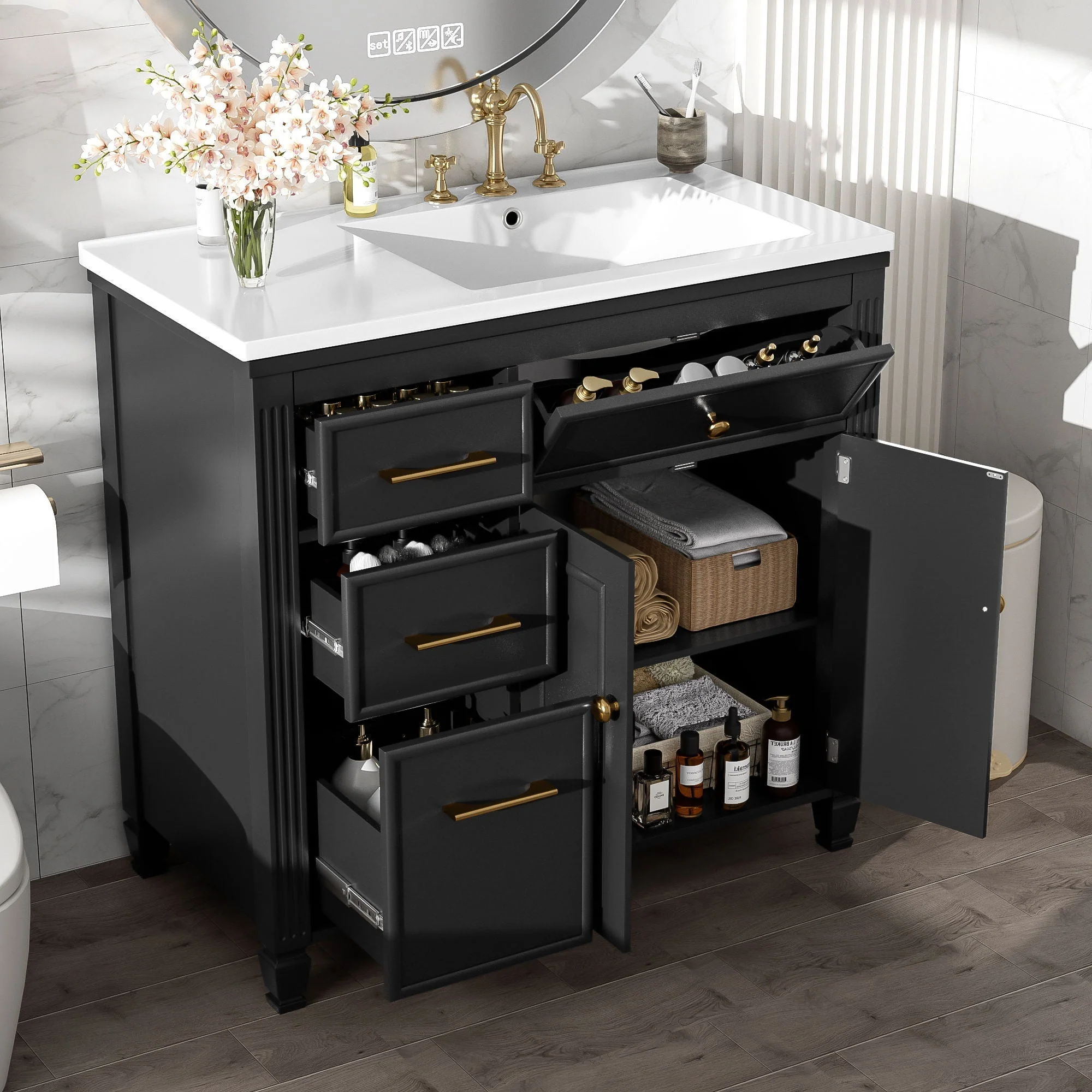 Modern Bathroom Vanity With Ceramic Sink, Freestanding, One Tip Out Drawer, 3 Side Drawers, Adjustable Shelf - Image 6