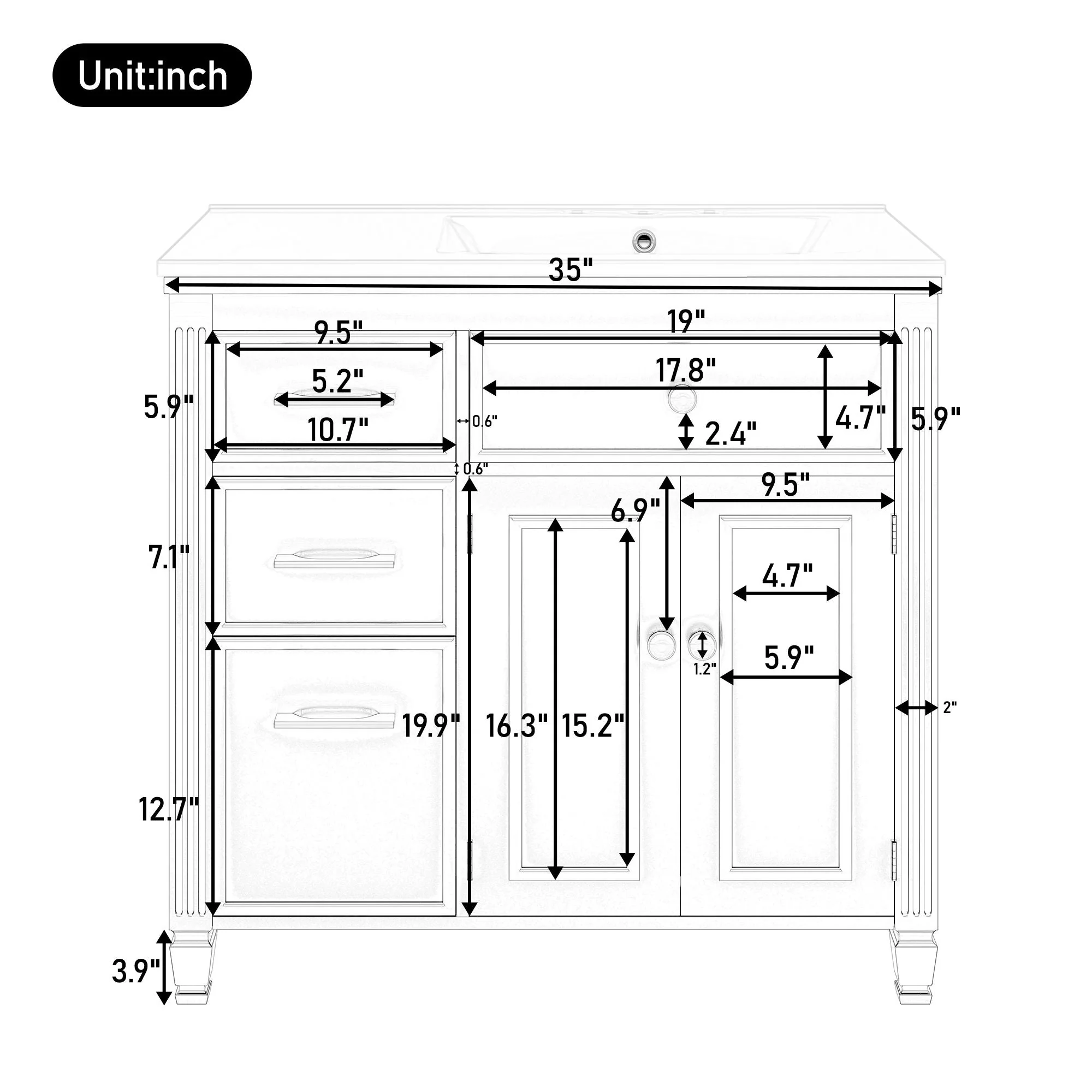 Modern Bathroom Vanity With Ceramic Sink, Freestanding, One Tip Out Drawer, 3 Side Drawers, Adjustable Shelf - Image 7