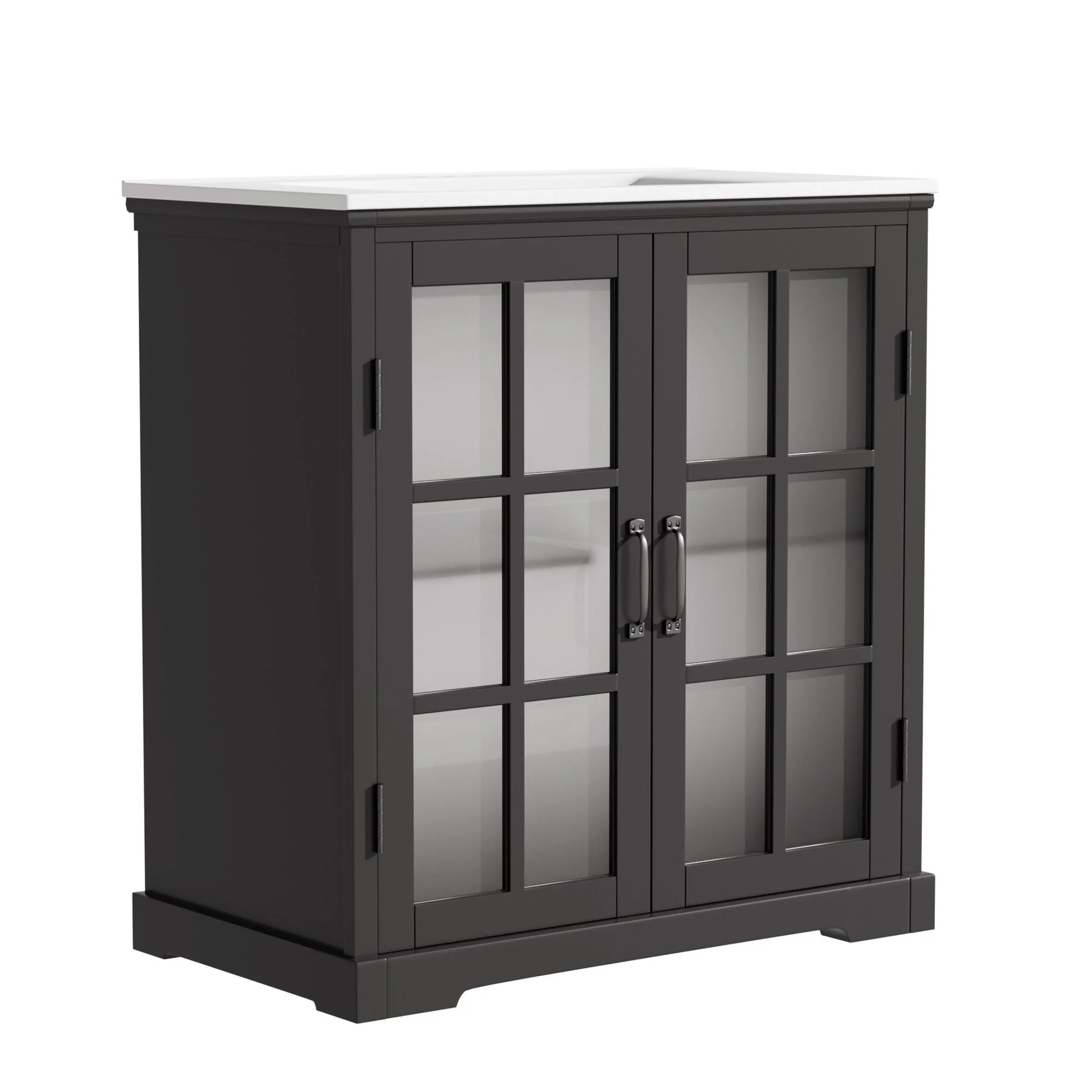 Modern Bathroom Vanity With Ceramic Sink, Tempered Blurred Glass Doors