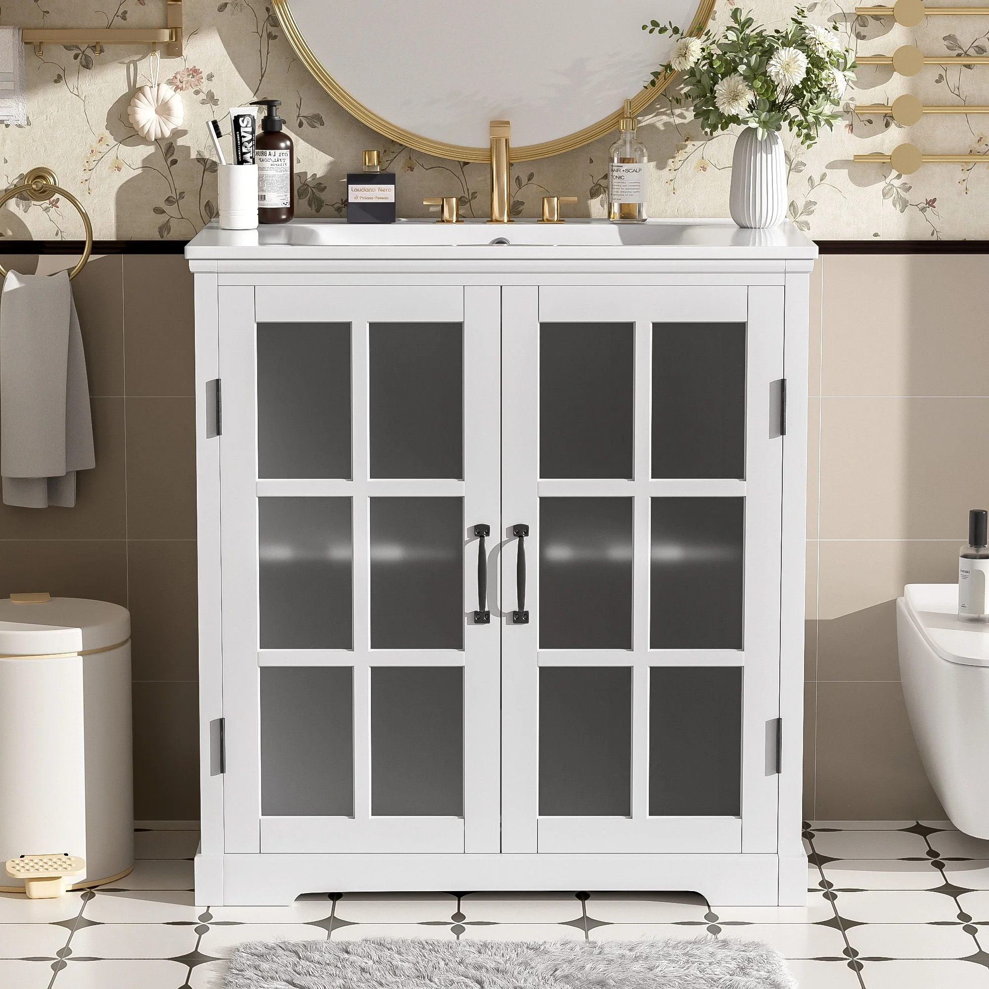 Modern Bathroom Vanity With Ceramic Sink, Tempered Blurred Glass Doors - Image 3
