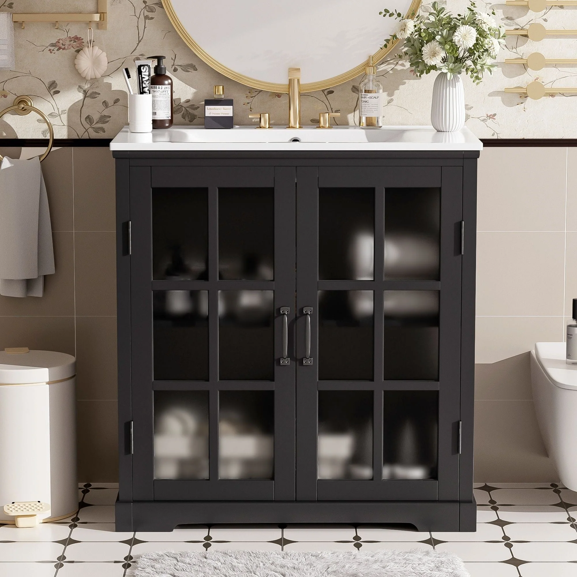 Modern Bathroom Vanity With Ceramic Sink, Tempered Blurred Glass Doors - Image 6