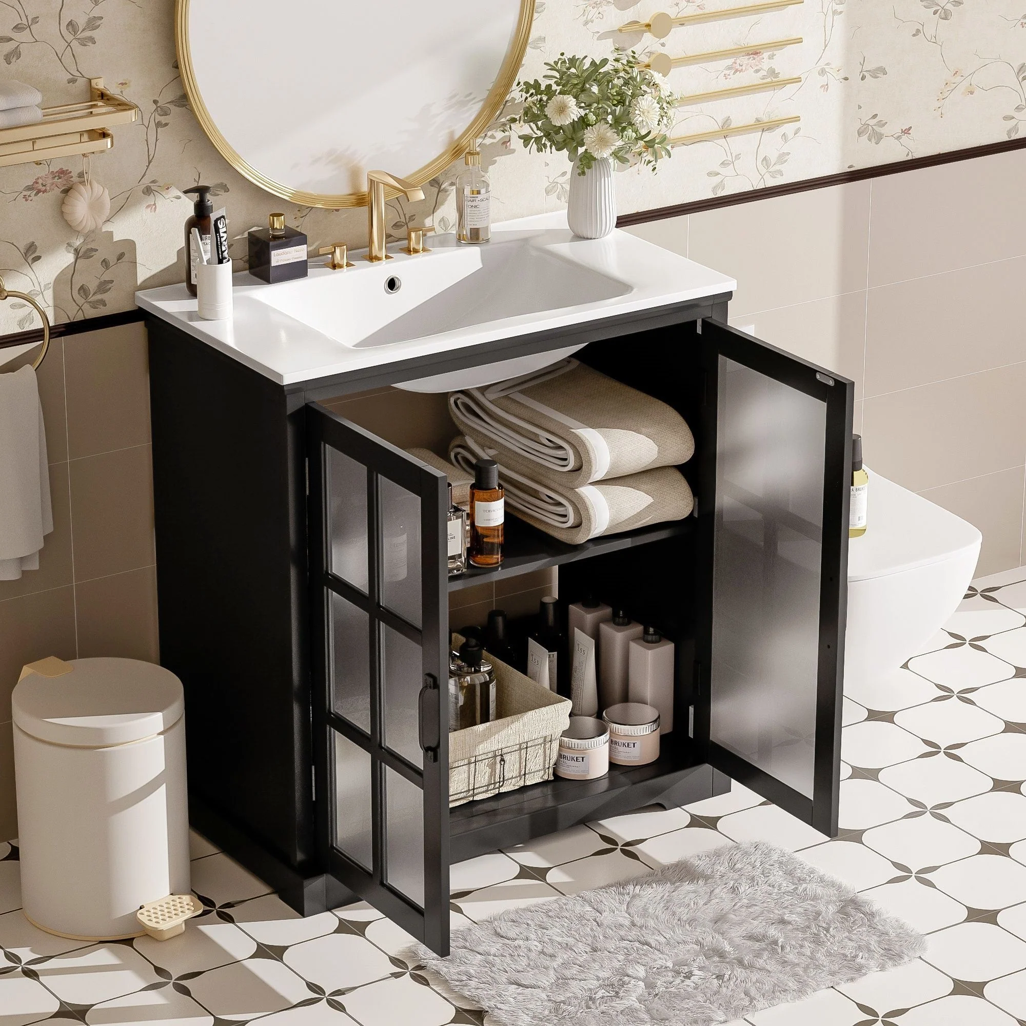 Modern Bathroom Vanity With Ceramic Sink, Tempered Blurred Glass Doors - Image 7