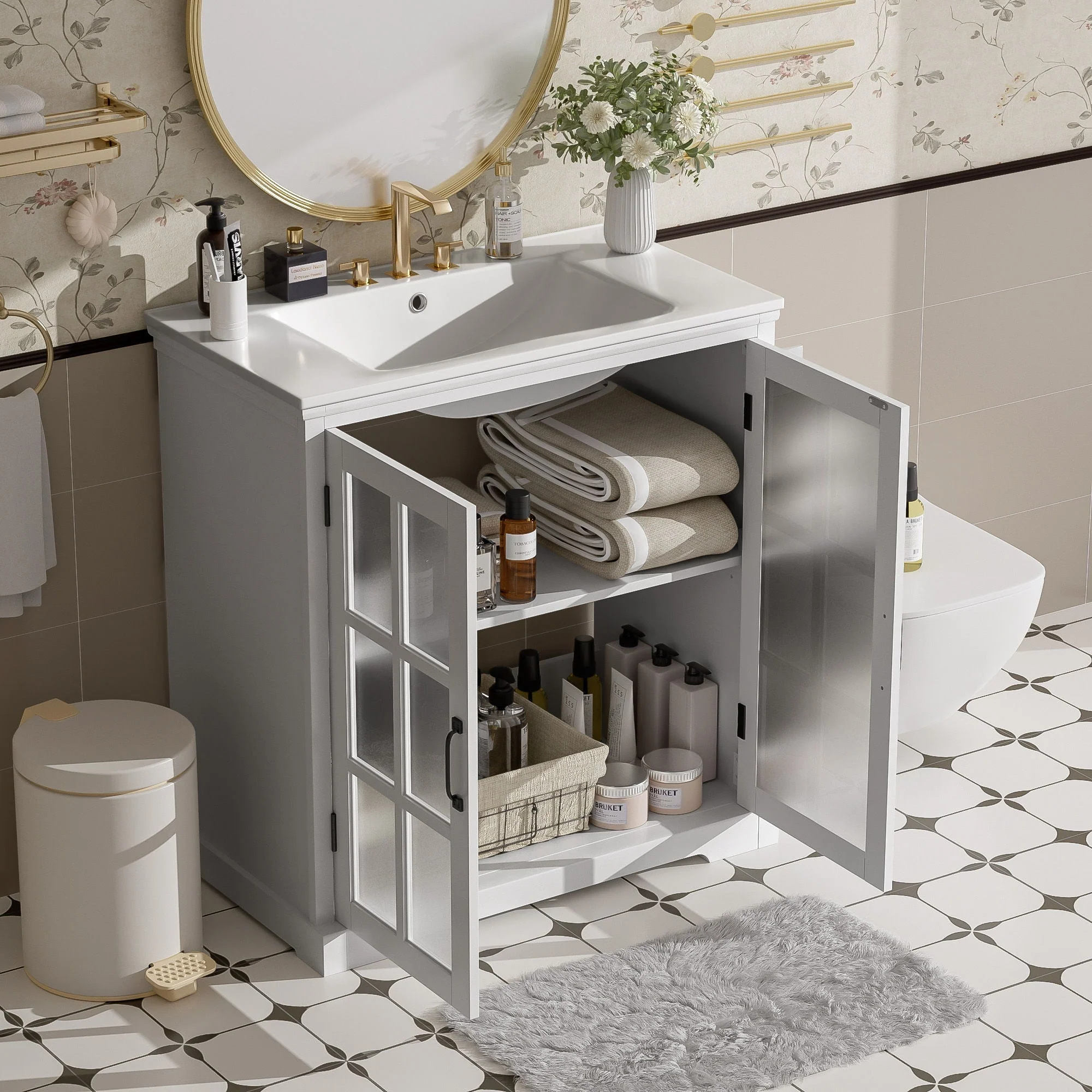 Modern Bathroom Vanity With Ceramic Sink, Tempered Blurred Glass Doors - Image 8