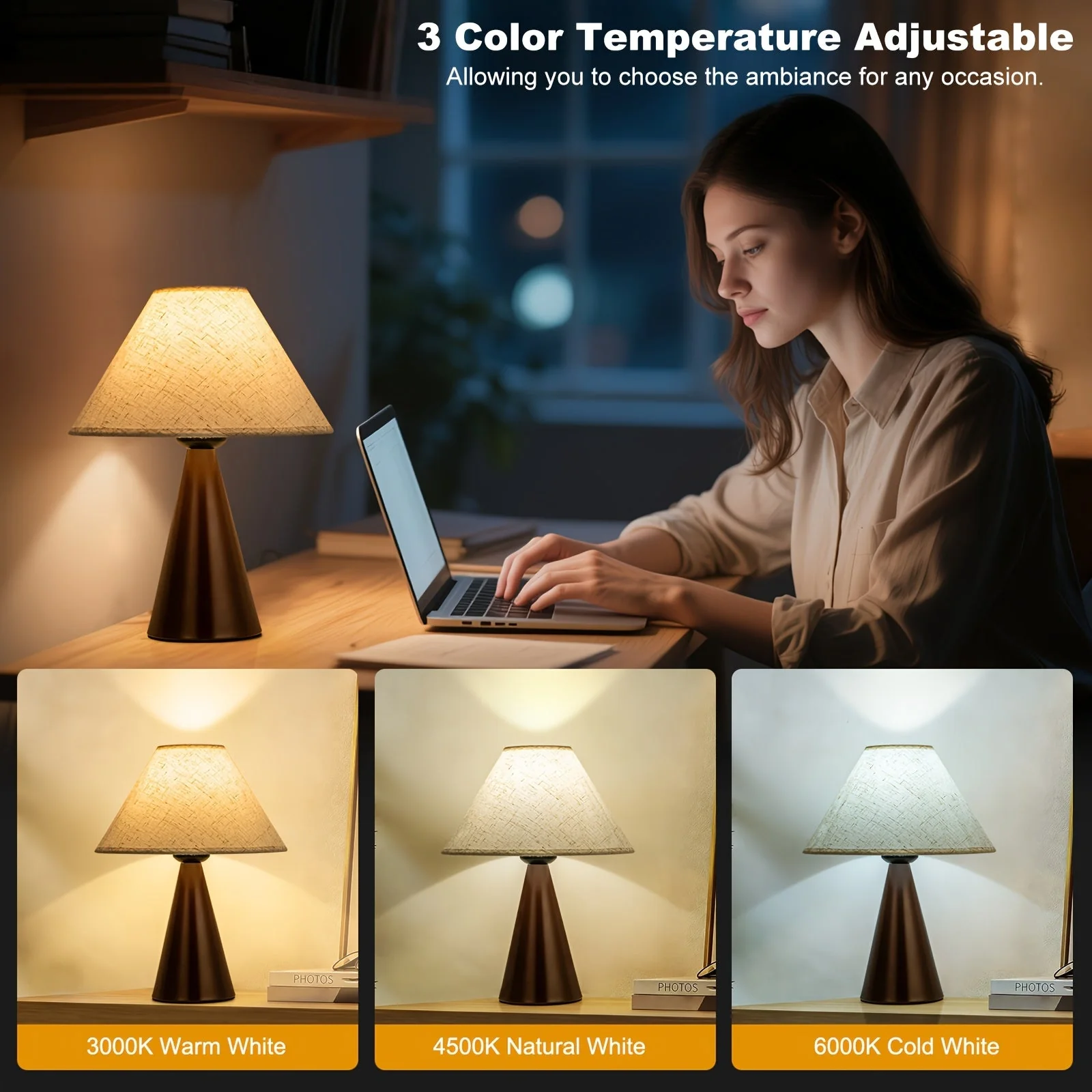 Modern Bedside Table Lamps Set of 2 – 3 Color Fabric Shade Nightstand Lights - Image 2
