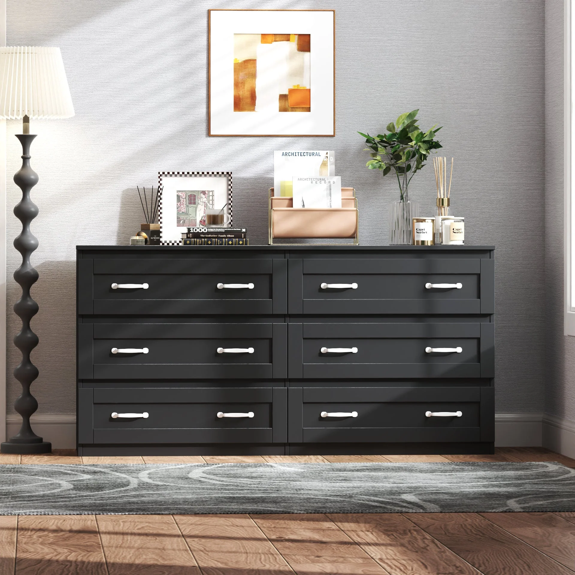 Modern Black Side Cabinet with 6 Drawers - Image 2