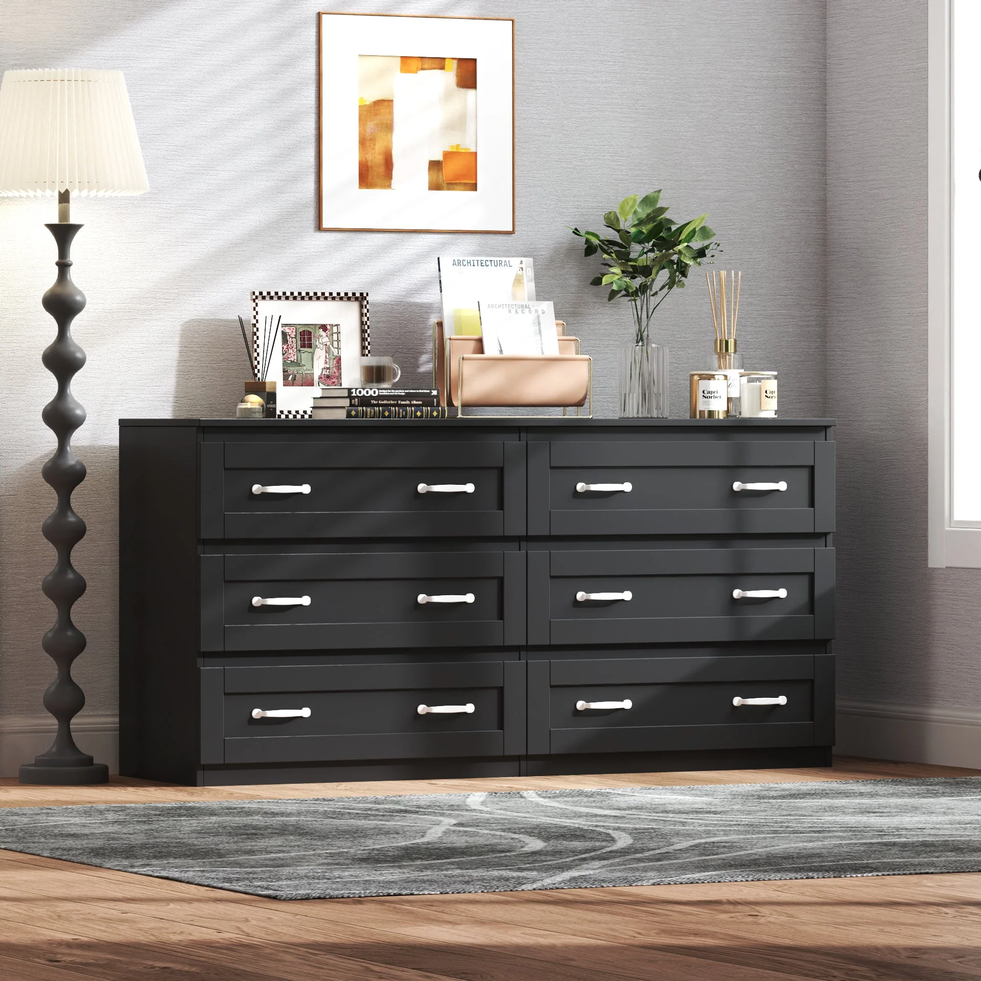 Modern Black Side Cabinet with 6 Drawers - Image 3