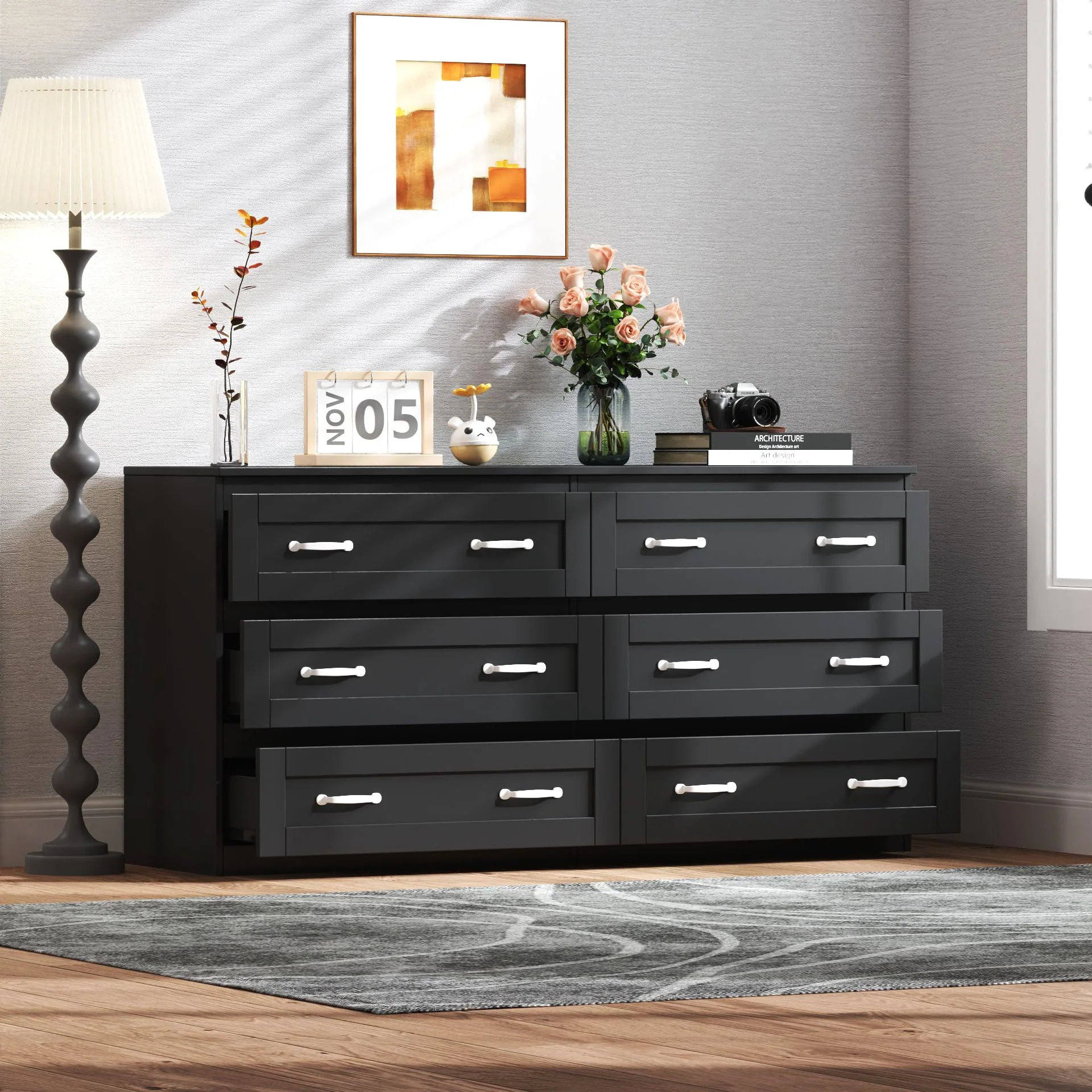 Modern Black Side Cabinet with 6 Drawers - Image 4