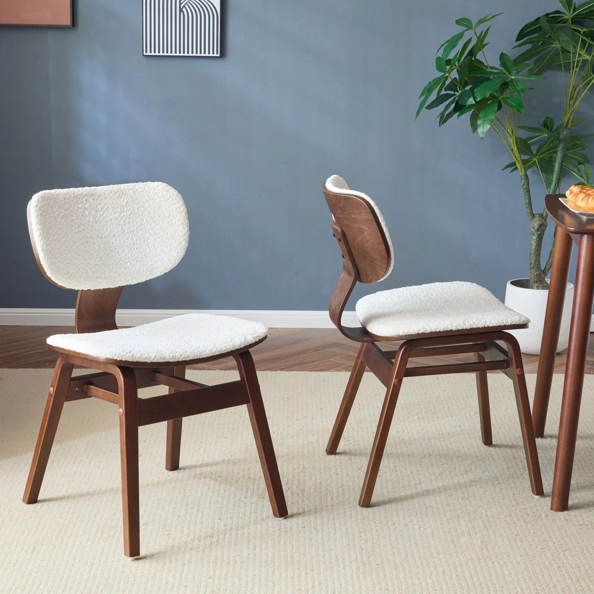 Modern Boucle Fabric Upholstered Side Chair, Bentwood Frame - White / Walnut - Image 3