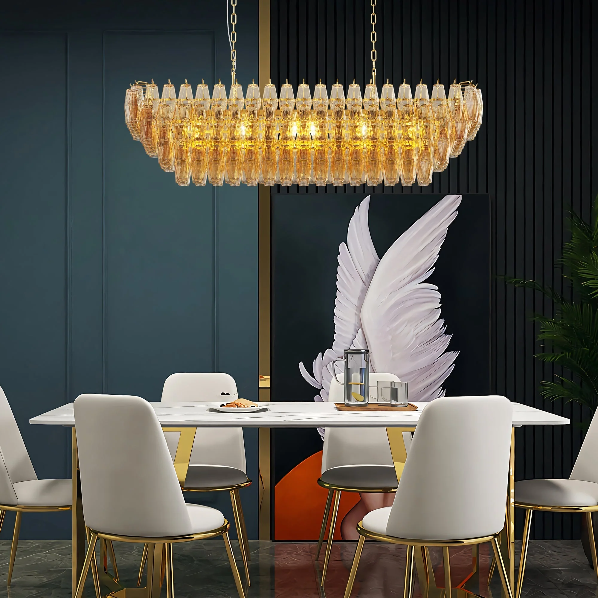 Modern Chandeliers for Dining Room, 54' Large Rectangle Gold Kitchen Chandelier Over Table, 12-Light with Smoke Glass Ceiling Lights, Farmhouse Pendant Lighting Fixture for Living Room Bedroom - Image 4