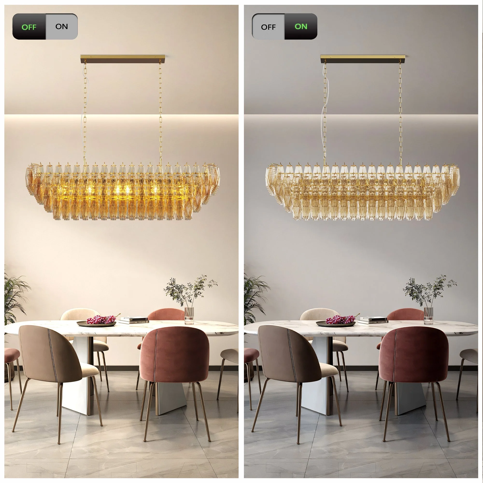Modern Chandeliers for Dining Room, 54' Large Rectangle Gold Kitchen Chandelier Over Table, 12-Light with Smoke Glass Ceiling Lights, Farmhouse Pendant Lighting Fixture for Living Room Bedroom - Image 5
