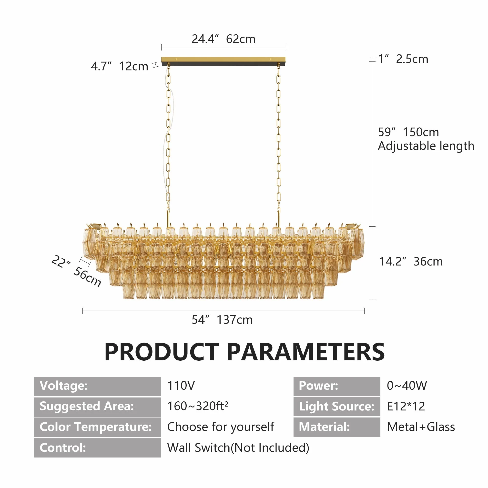 Modern Chandeliers for Dining Room, 54' Large Rectangle Gold Kitchen Chandelier Over Table, 12-Light with Smoke Glass Ceiling Lights, Farmhouse Pendant Lighting Fixture for Living Room Bedroom - Image 8