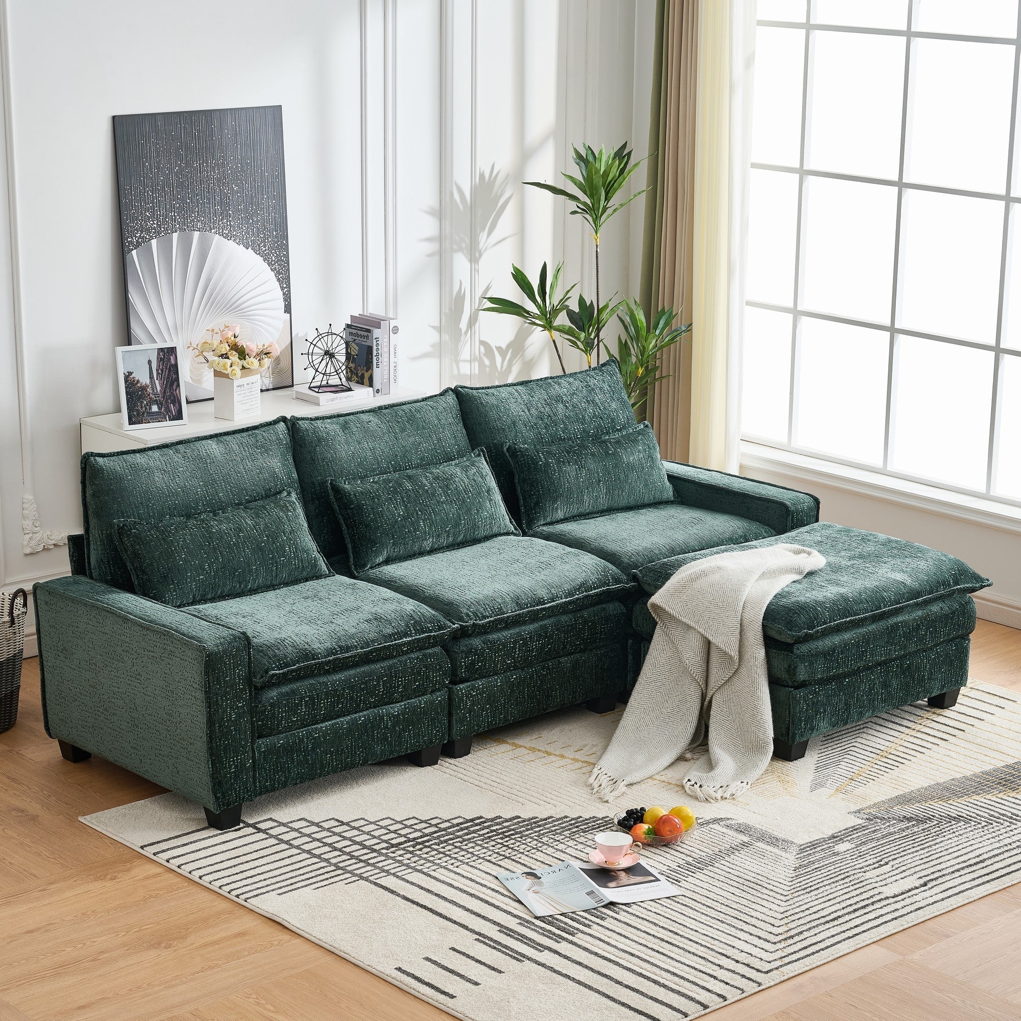 Modern Comfy Chenille L Shaped Sectional Sofa with Movable Ottoman - Image 2