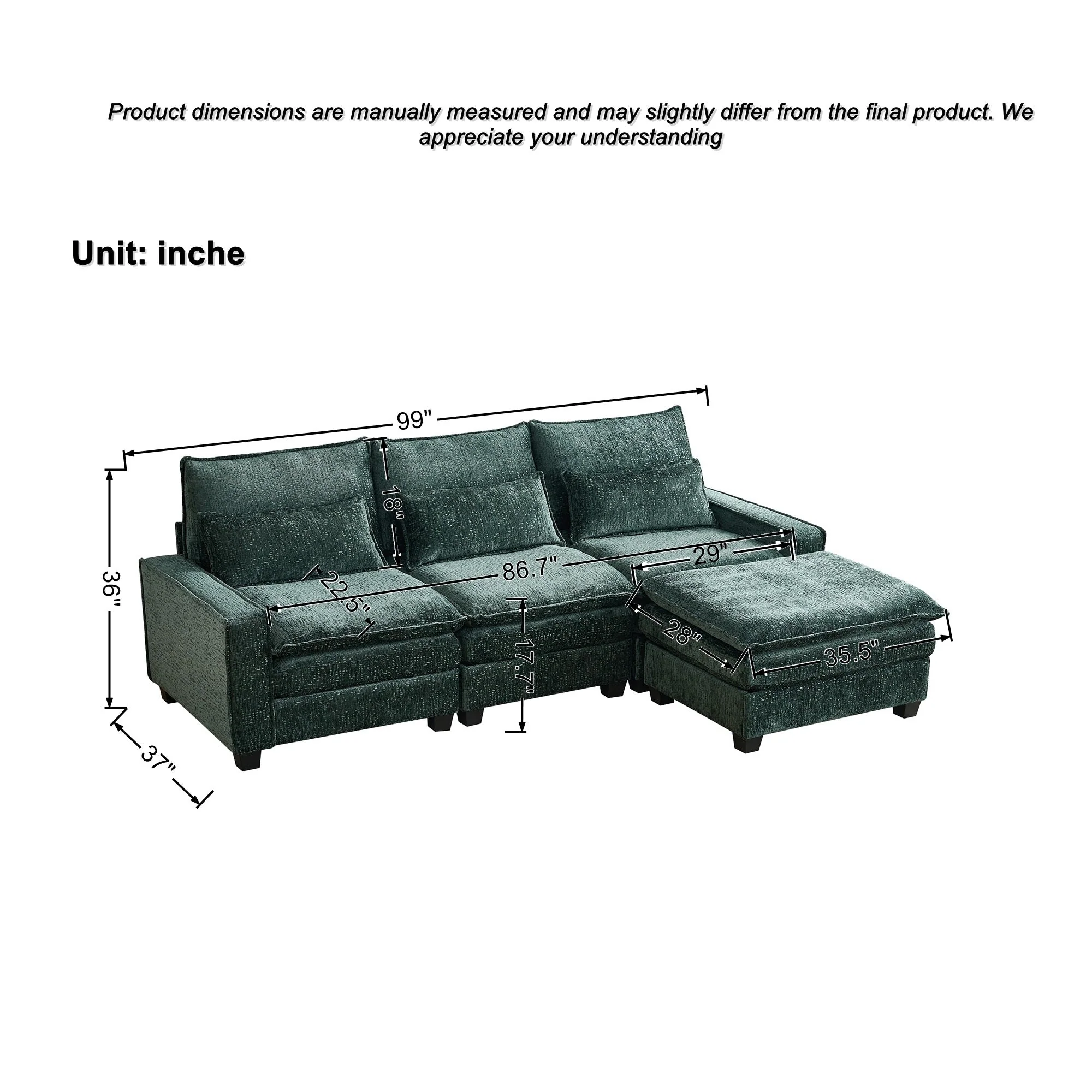 Modern Comfy Chenille L Shaped Sectional Sofa with Movable Ottoman - Image 3