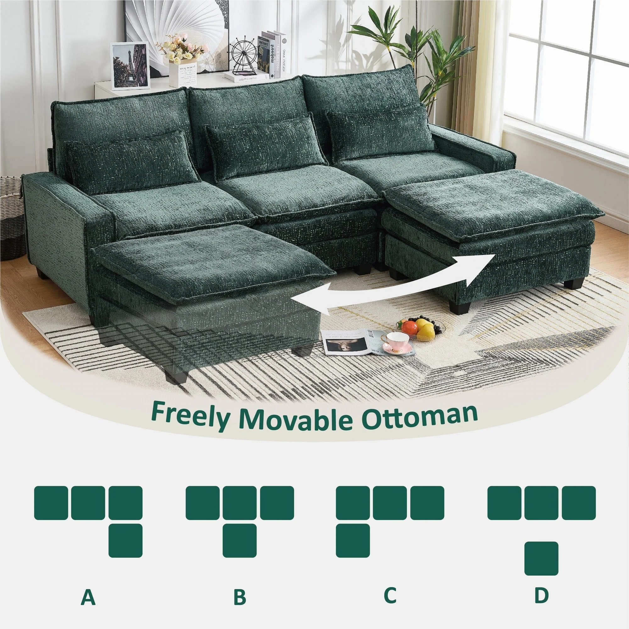 Modern Comfy Chenille L Shaped Sectional Sofa with Movable Ottoman - Image 8