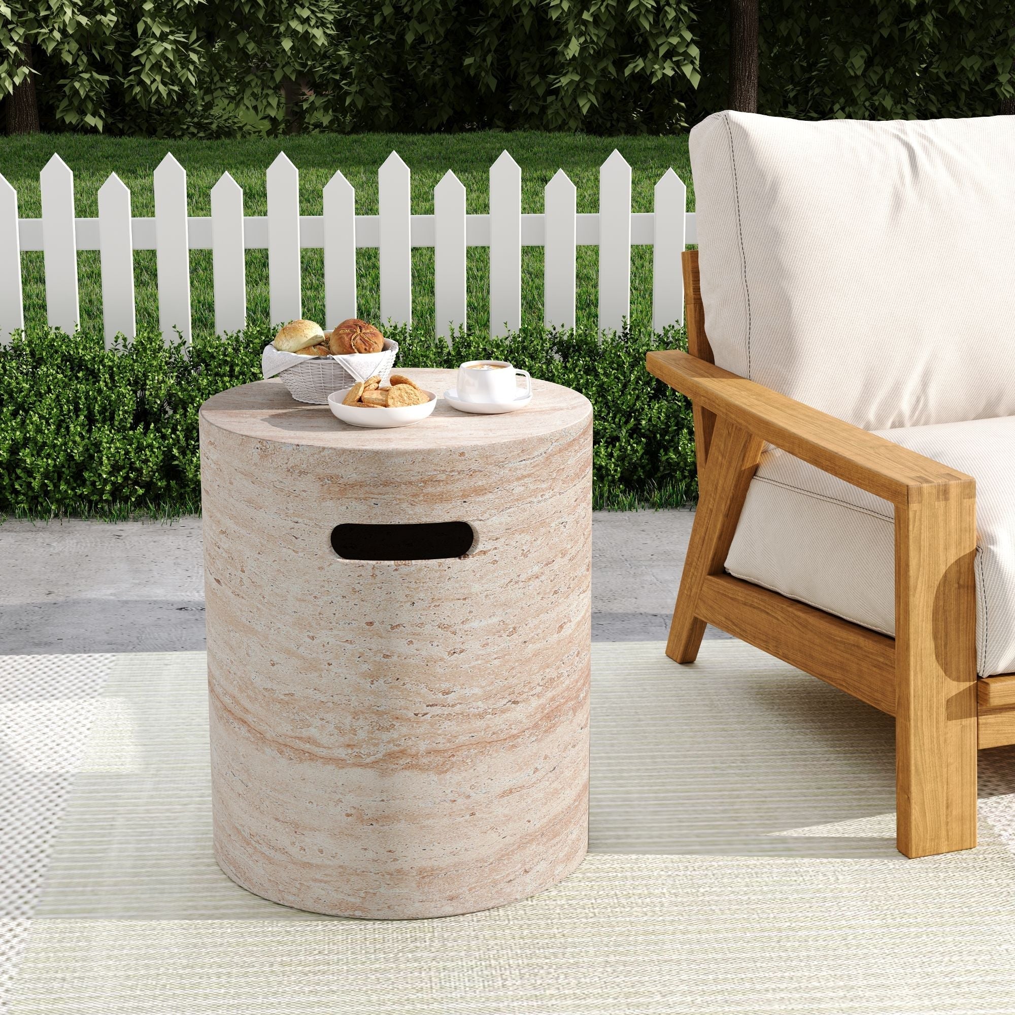Modern Concrete Side Table with Travertine Finish - Beige - Image 4