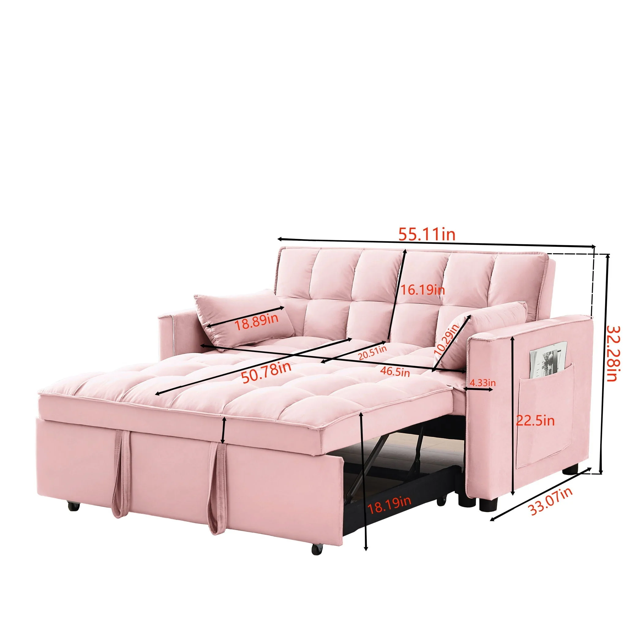 Modern Convertible Loveseat Futon Sofa With Pullout Bed, Reclining Backrest - Image 2