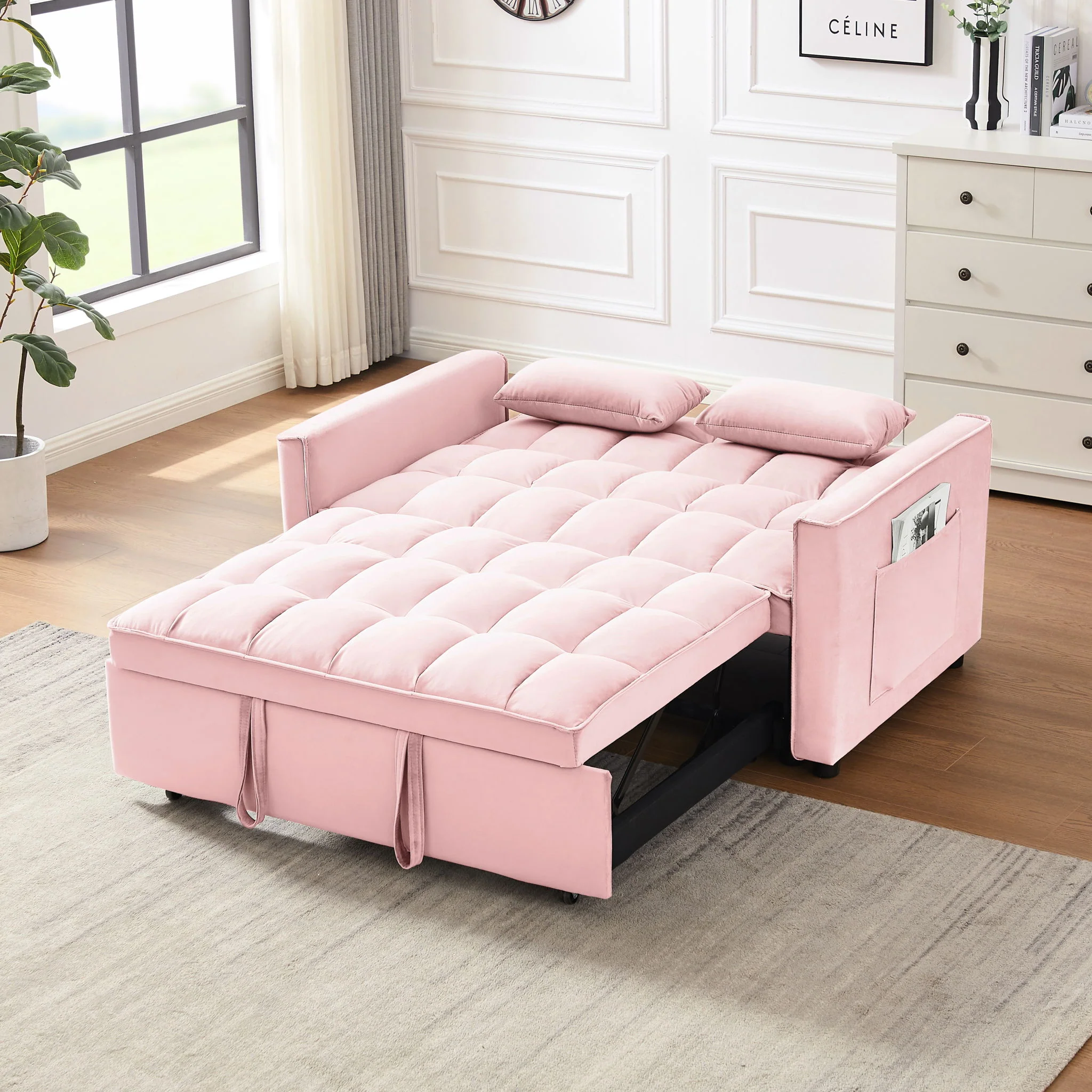 Modern Convertible Loveseat Futon Sofa With Pullout Bed, Reclining Backrest - Image 3