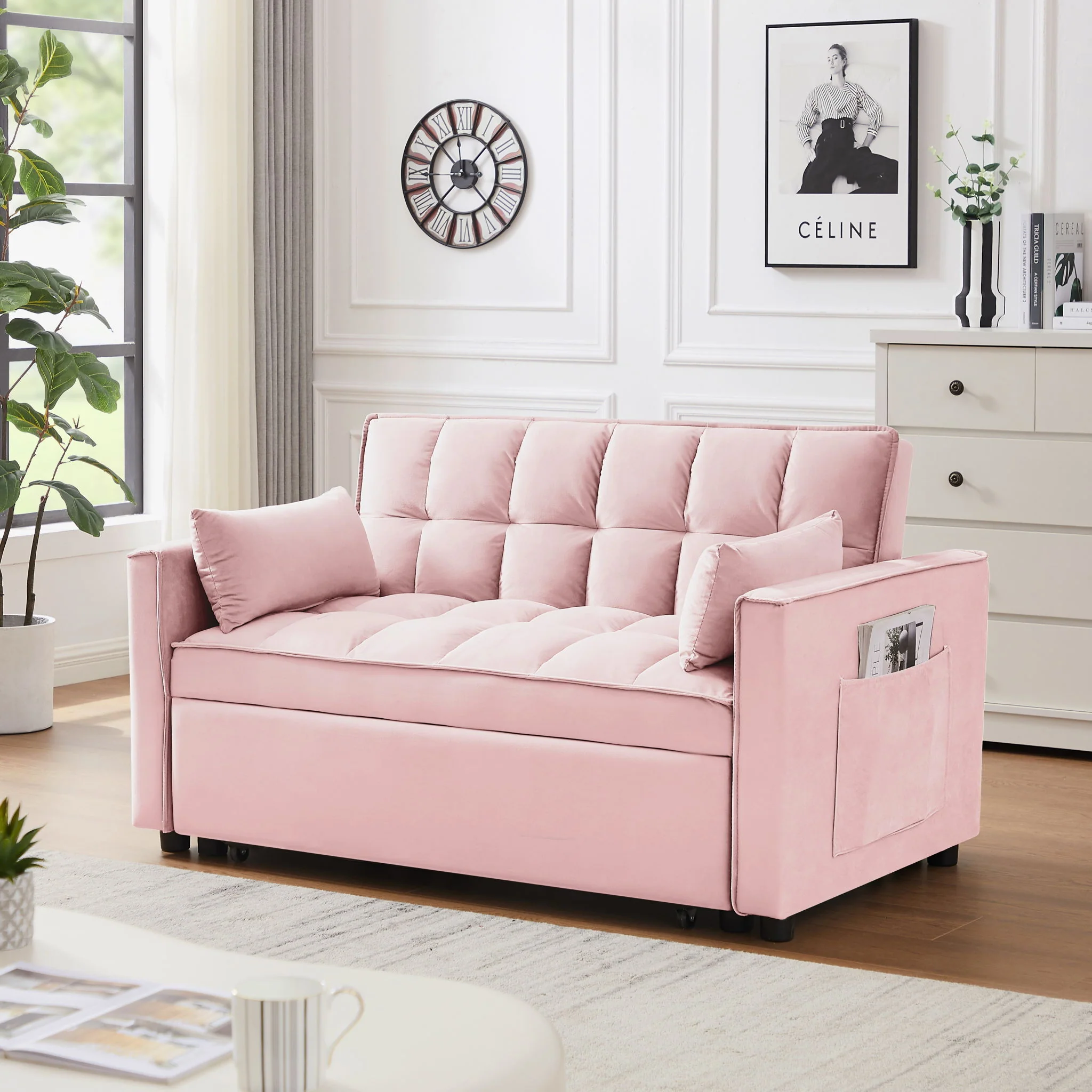 Modern Convertible Loveseat Futon Sofa With Pullout Bed, Reclining Backrest - Image 4