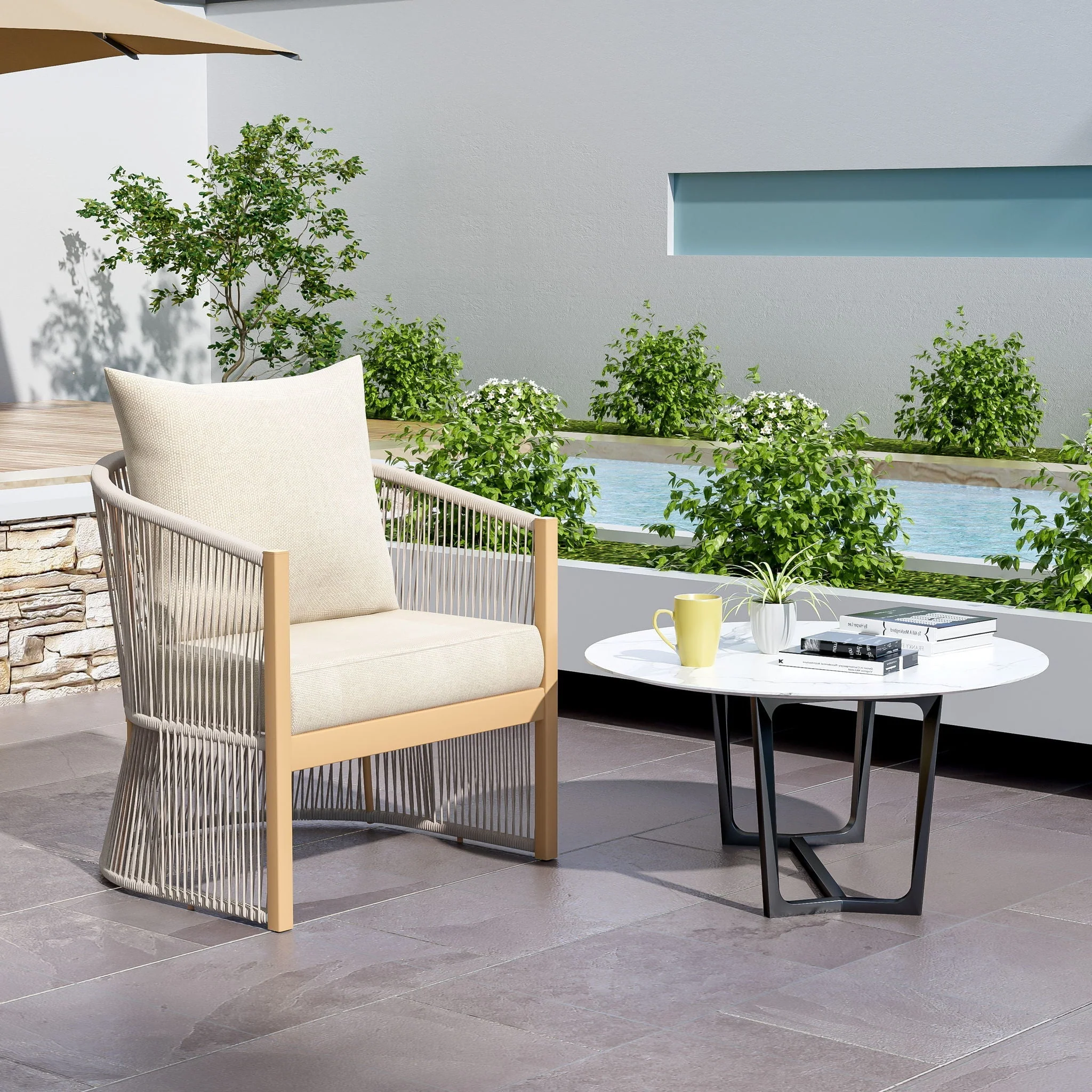 Modern Curved Aluminum Lounge Chair With Stylish Rope Weave Design And Cushioned Comfort For Outdoor - Image 13