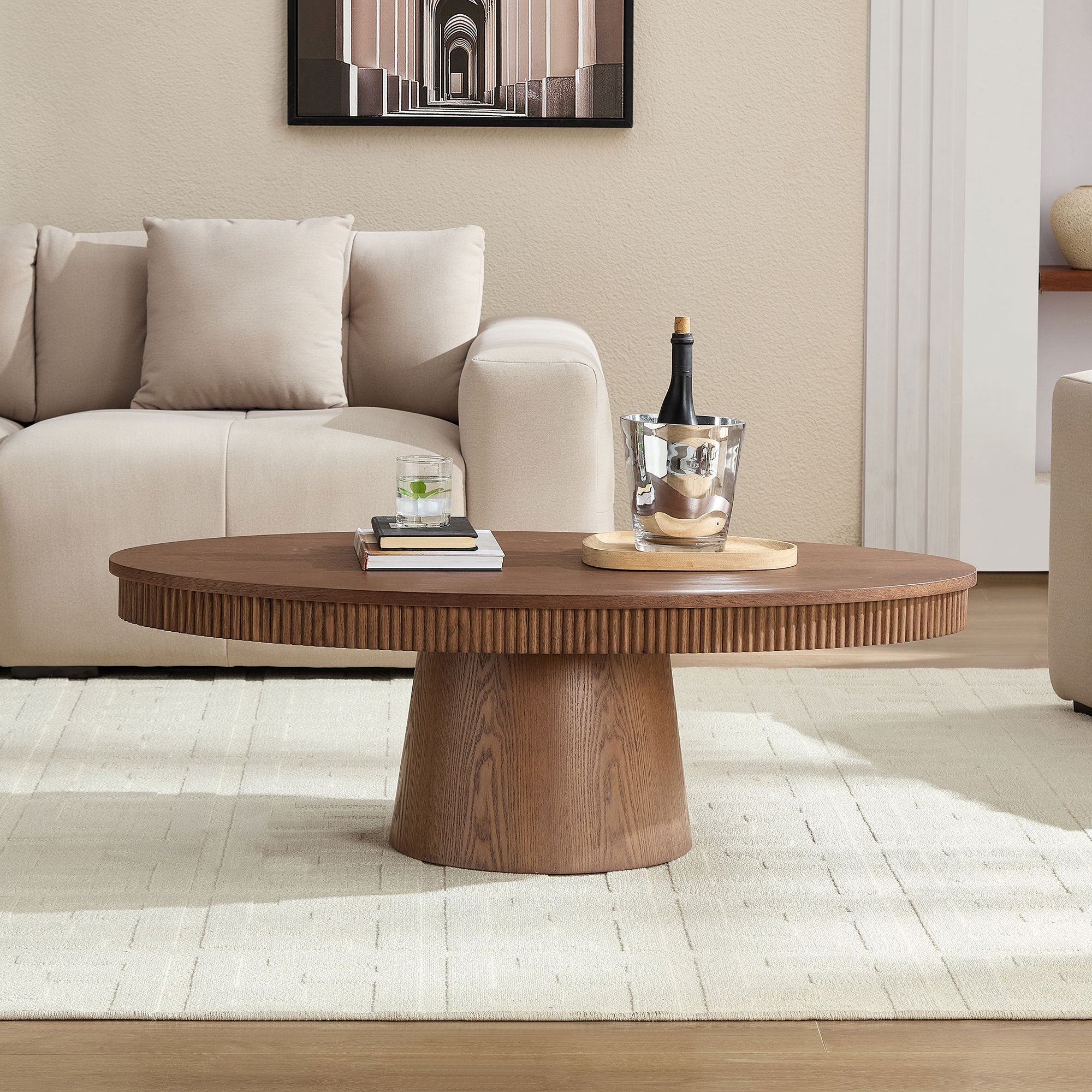 Modern Design Oval Handcraft Drum Coffee Table Length 47.24 inch Walnut Color