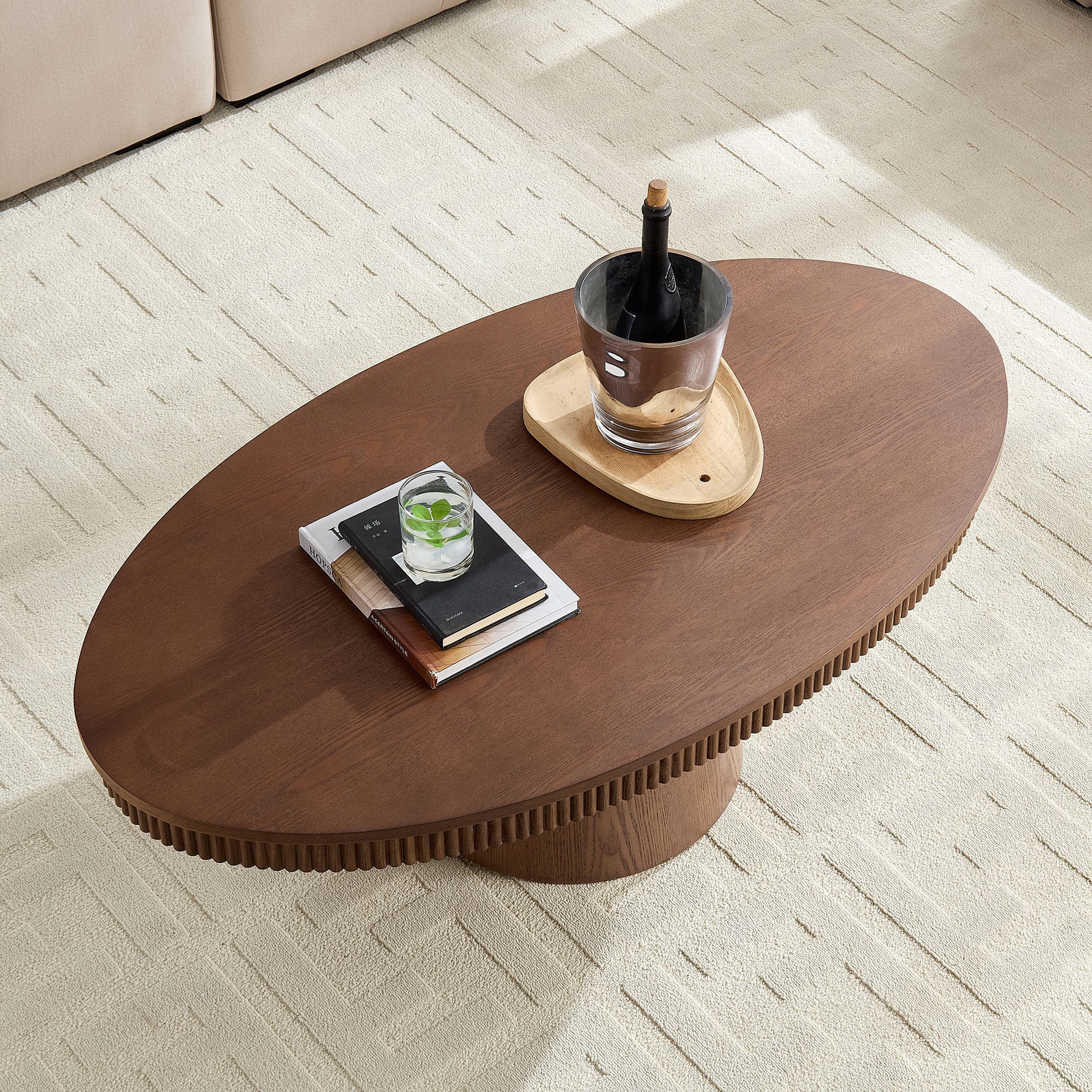 Modern Design Oval Handcraft Drum Coffee Table Length 47.24 inch Walnut Color - Image 4