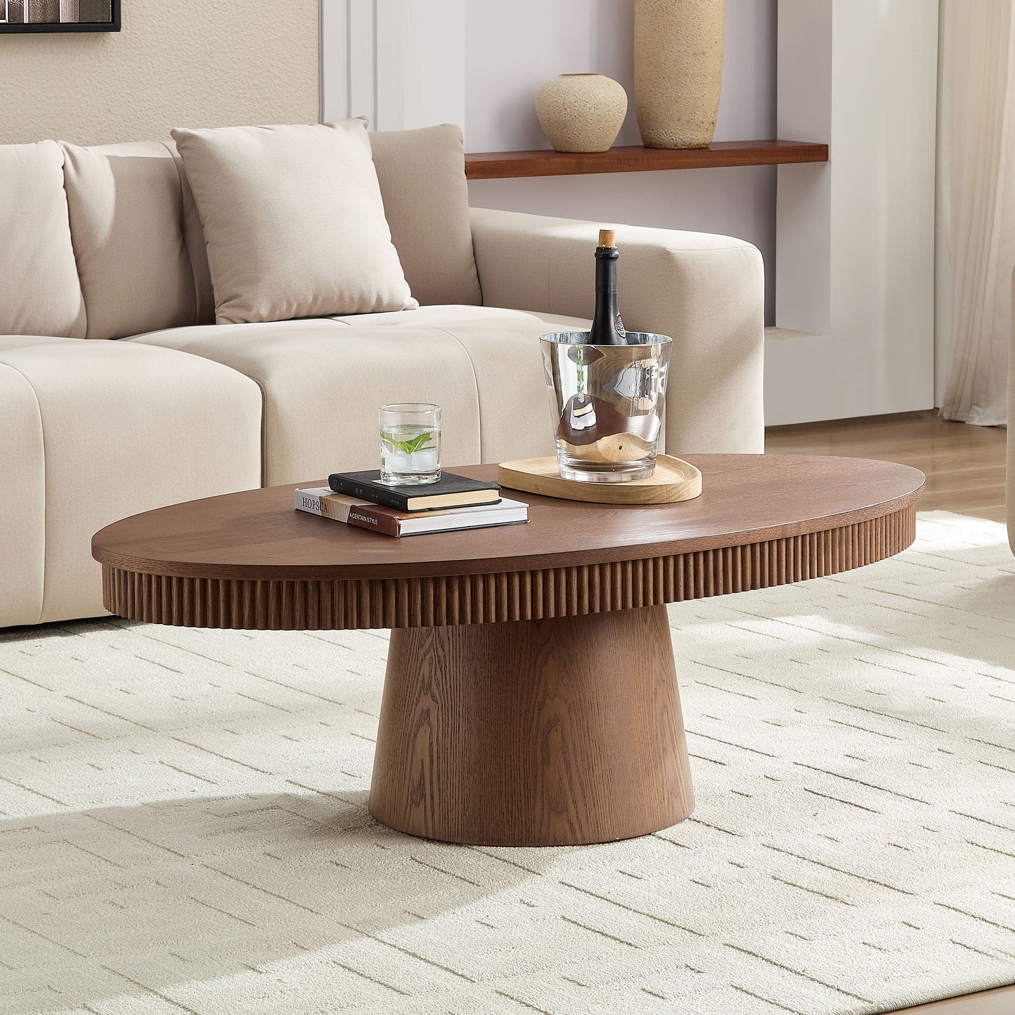 Modern Design Oval Handcraft Drum Coffee Table Length 47.24 inch Walnut Color - Image 5