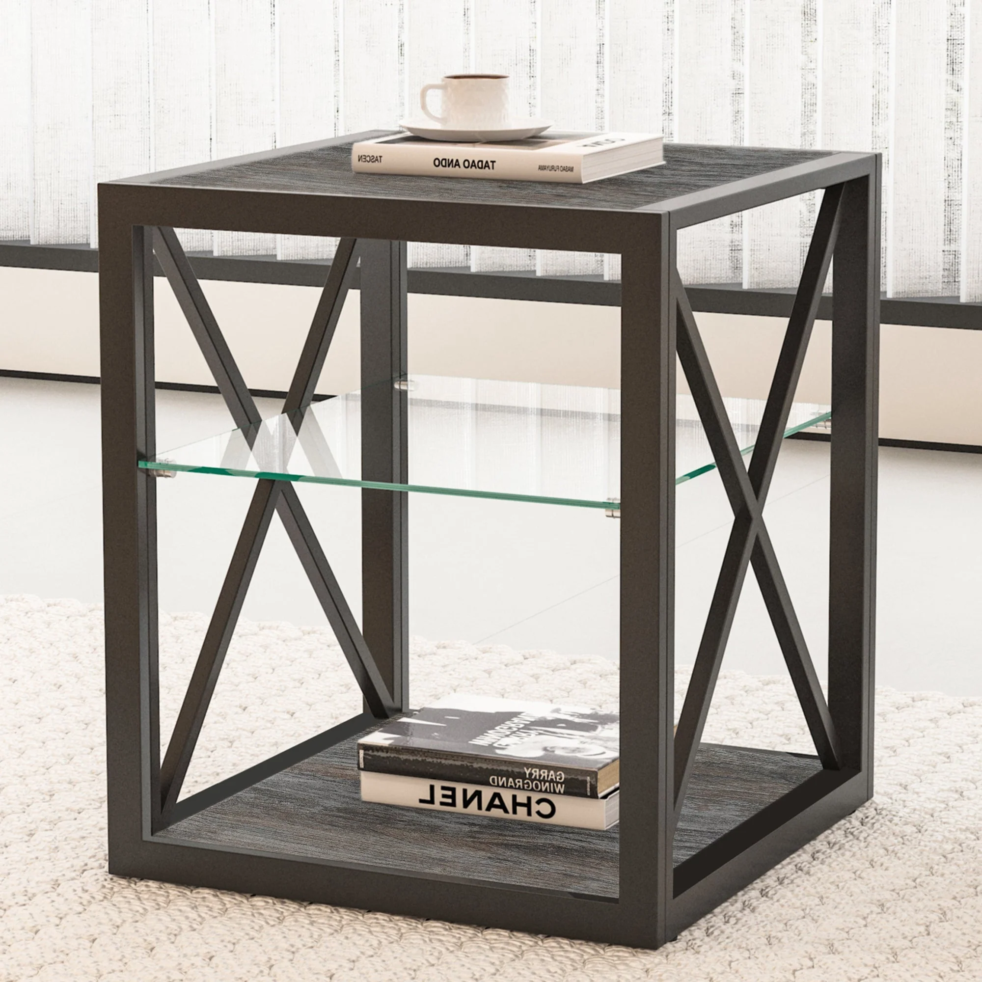 Modern End Table Nightstand with Tempered Glass & Wood Grain MDF - Image 2