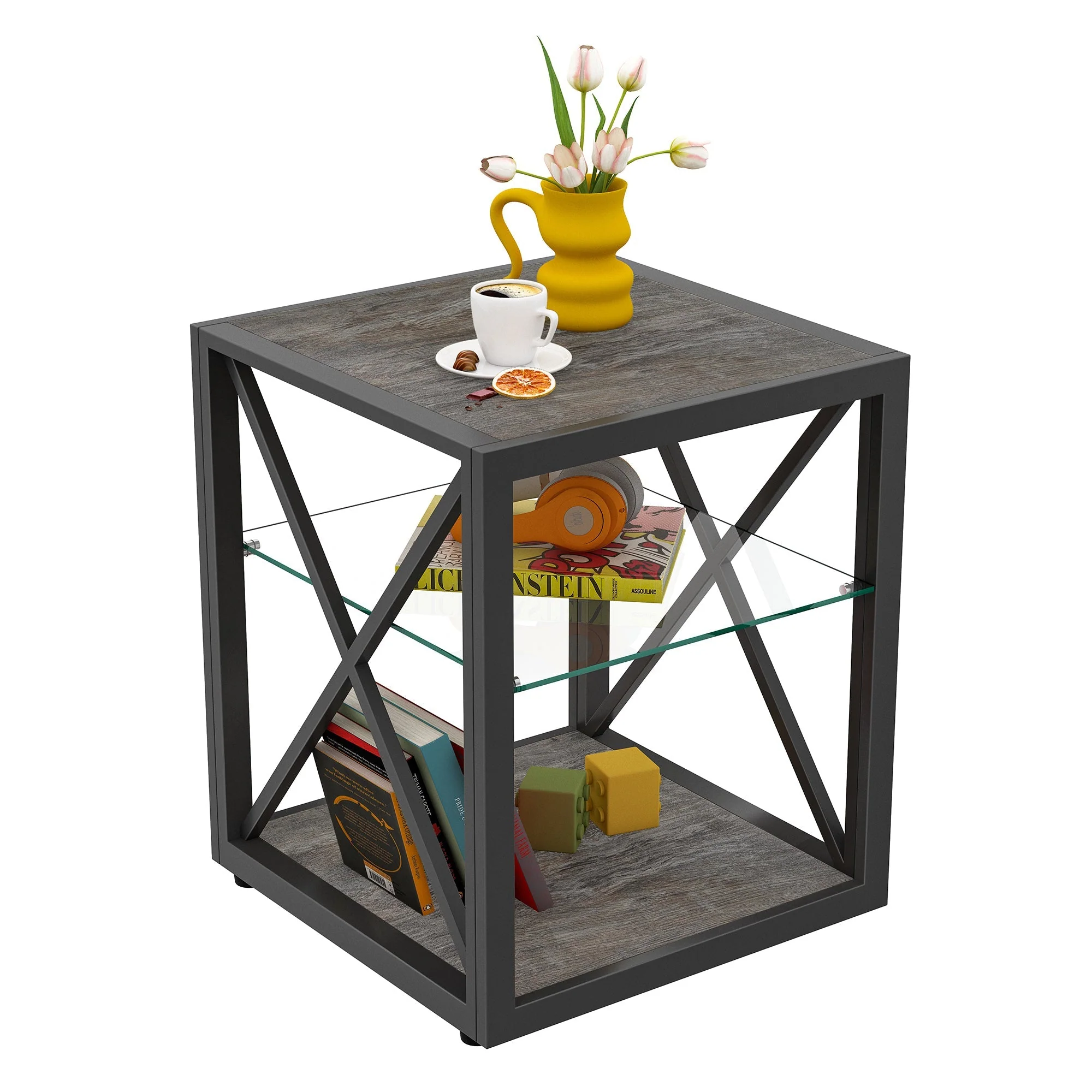 Modern End Table Nightstand with Tempered Glass & Wood Grain MDF - Image 3