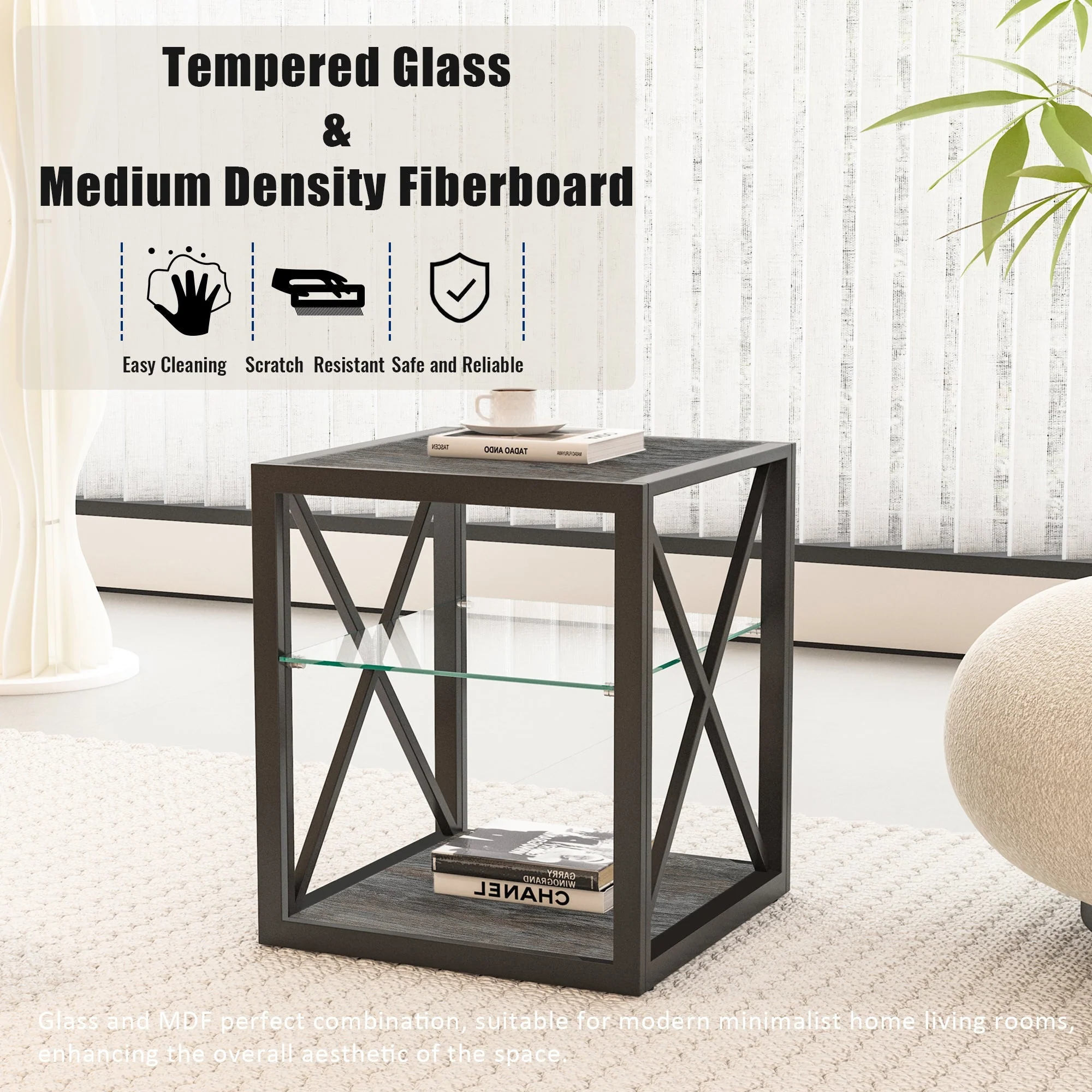 Modern End Table Nightstand with Tempered Glass & Wood Grain MDF - Image 6