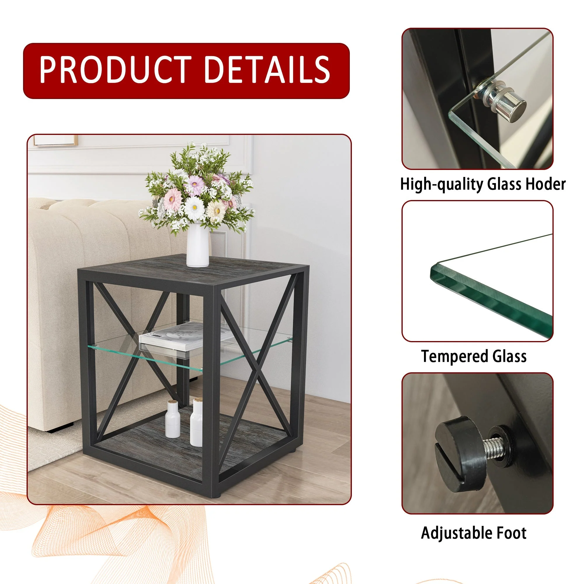 Modern End Table Nightstand with Tempered Glass & Wood Grain MDF - Image 7