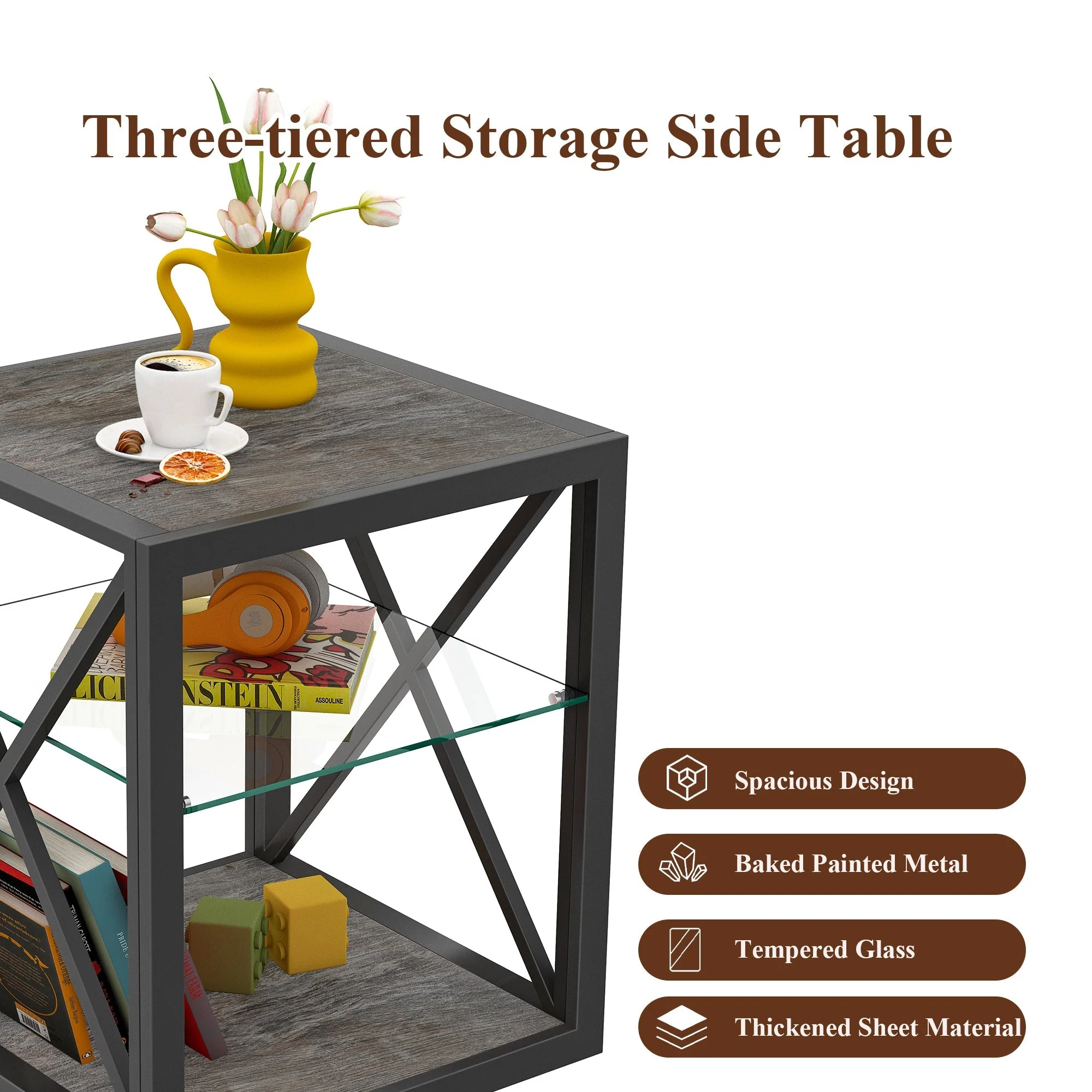 Modern End Table Nightstand with Tempered Glass & Wood Grain MDF - Image 8