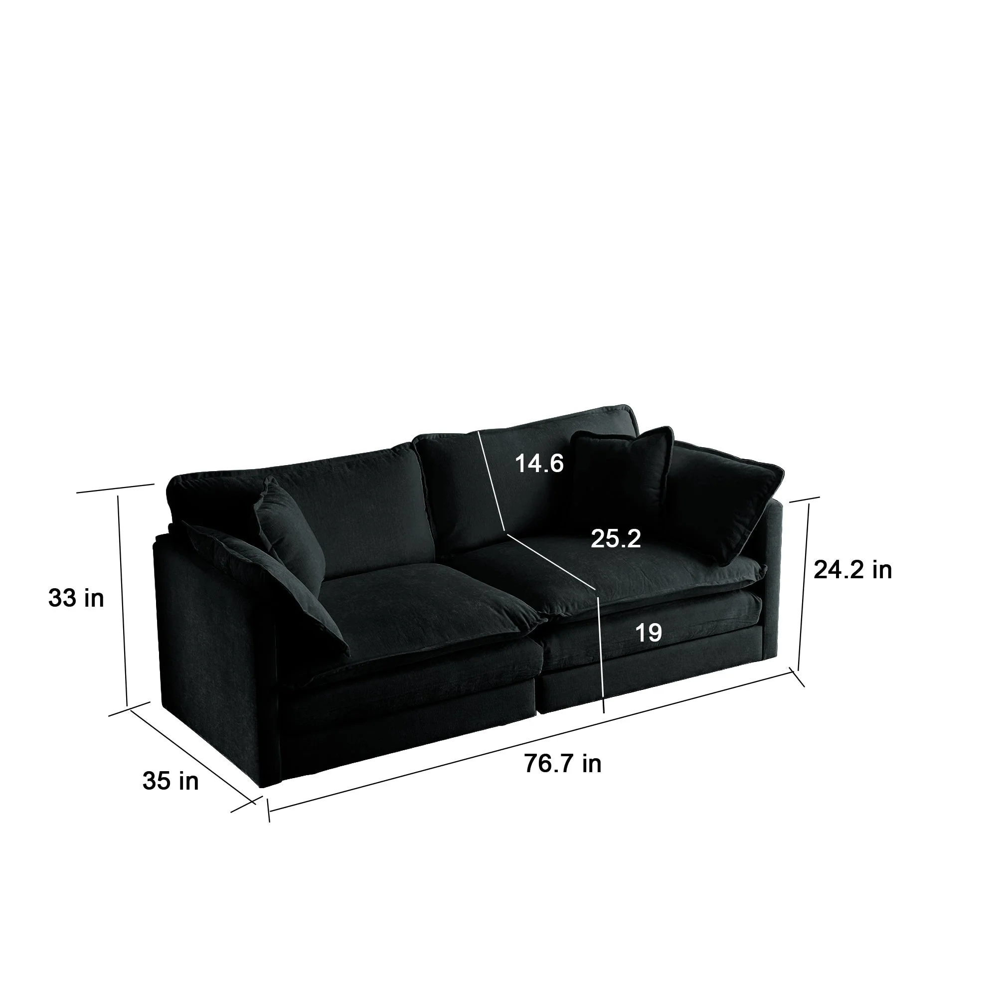 Modern Fabric Loveseat Sofa Couch for Living Room, Upholstered Large Size Deep Seat 2-Seat Sofa with 4 Pillows ,Black Chenille - Image 3