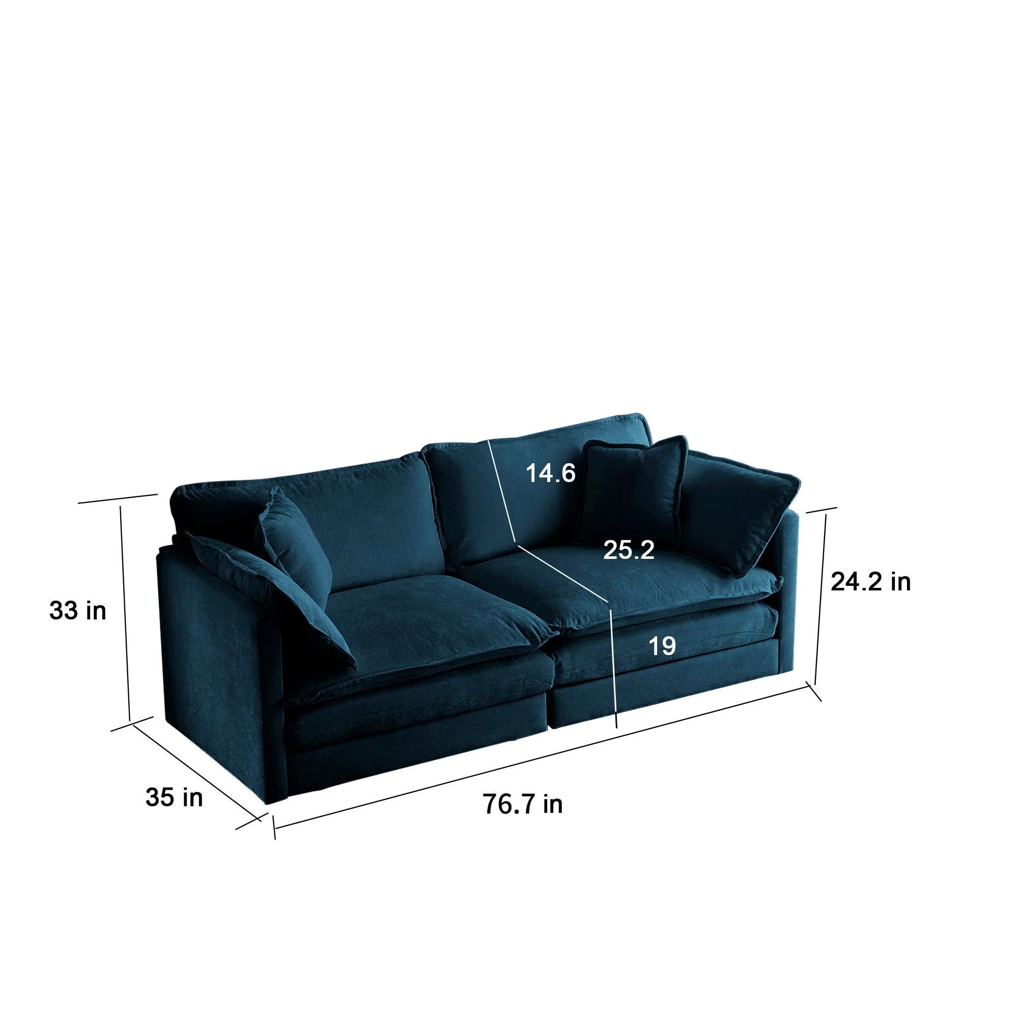 Modern Fabric Loveseat Sofa Couch for Living Room, Upholstered Large Size Deep Seat 2-Seat Sofa with 4 Pillows, Blue - Image 4