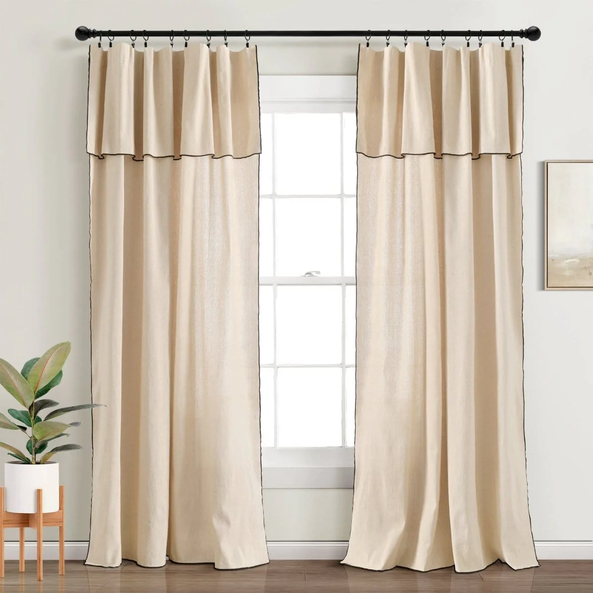 Modern Faux Linen Embroidered Edge With Attached Valance Window Curtain Panel Set - Image 10