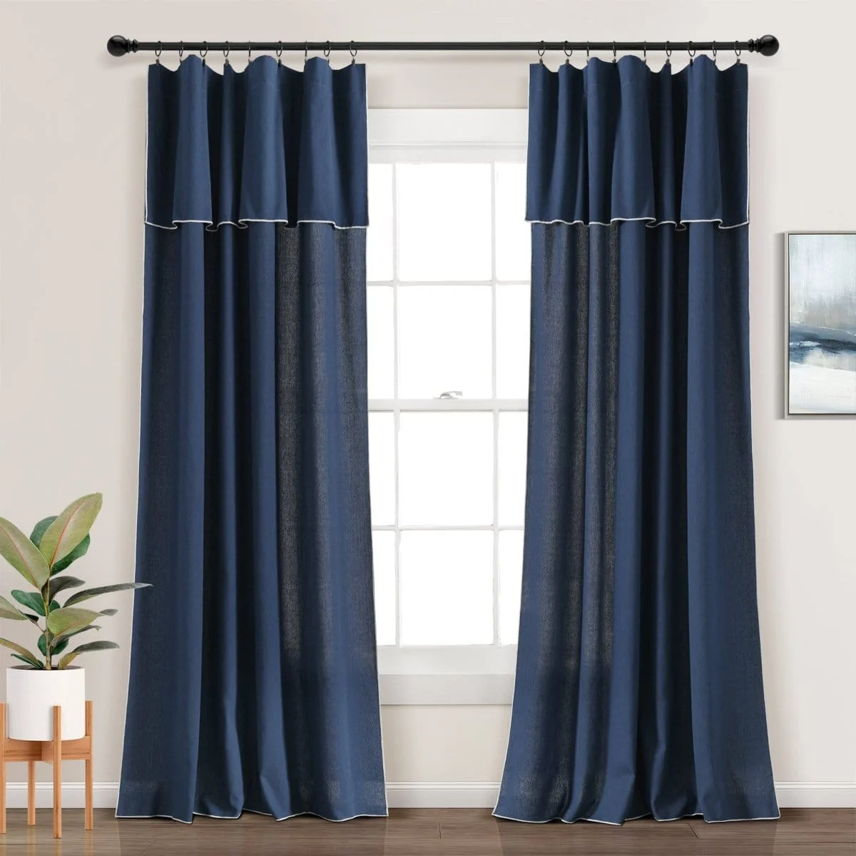 Modern Faux Linen Embroidered Edge With Attached Valance Window Curtain Panel Set - Image 2