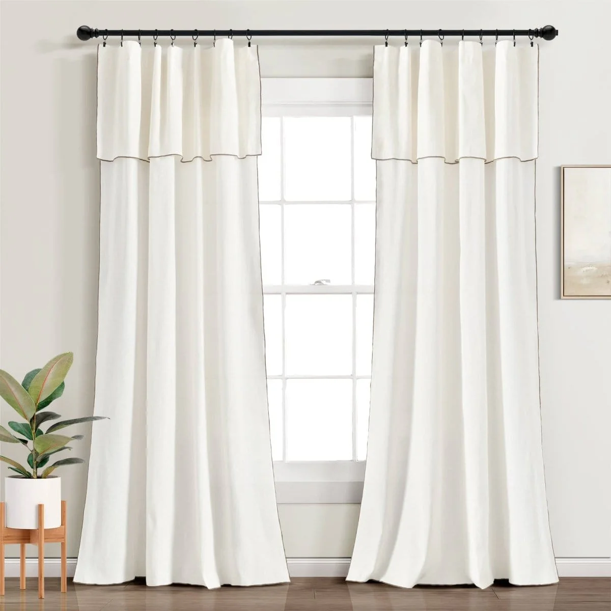 Modern Faux Linen Embroidered Edge With Attached Valance Window Curtain Panel Set - Image 23