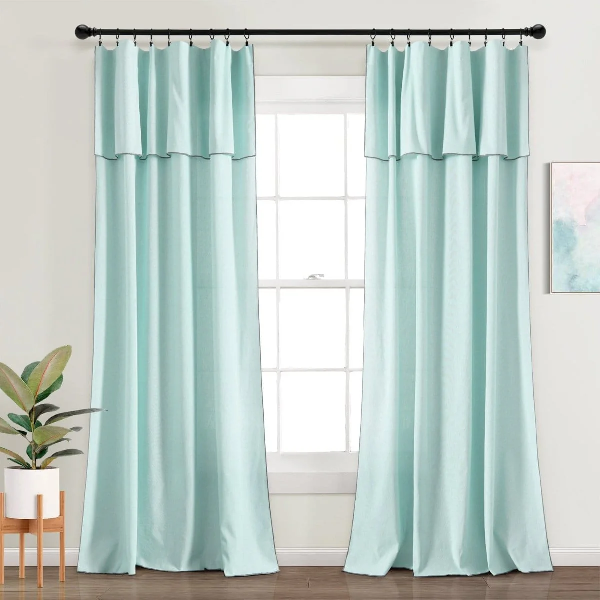 Modern Faux Linen Embroidered Edge With Attached Valance Window Curtain Panel Set - Image 3