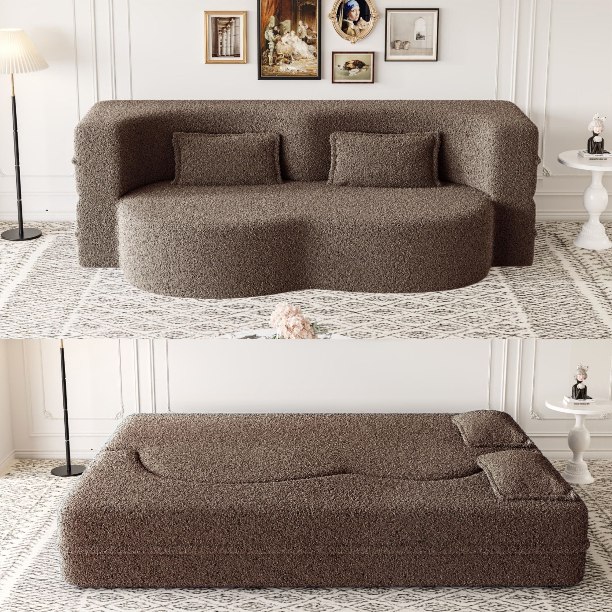 Modern Floor Sofa, With 2 Pillows, Convertible Teddy Fabric Foam Filled Bed - Image 11